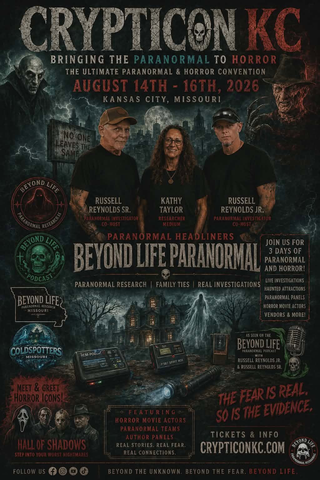 Poster for paranormal event with text, images of people, and a haunted house scene at night.