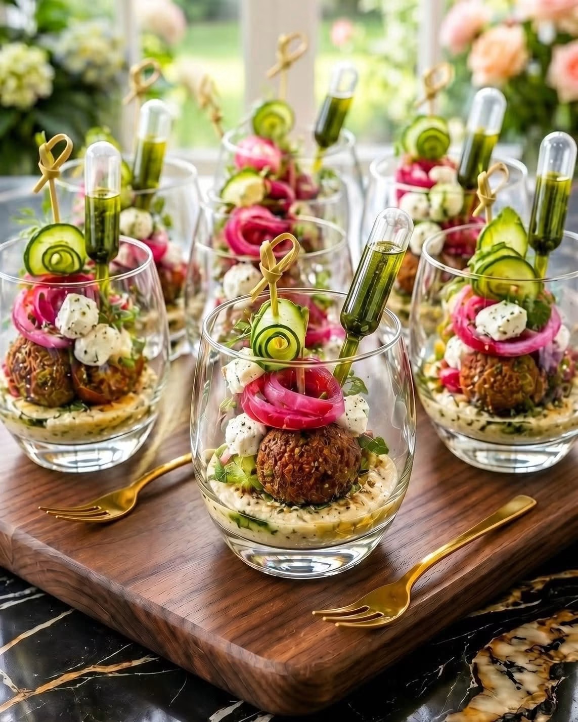 Elegant appetizer glasses with meatballs, cucumber slices, pink onion rings, and garnishes on a wooden tray, with blurred flowers in background.