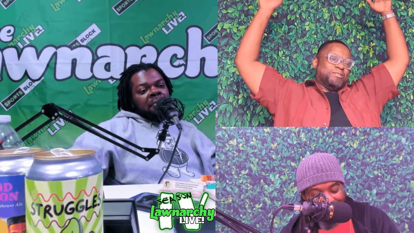 Three people participating in a radio show or podcast, with a green backdrop and a table with a bucket labeled 'TRUGGLE'.