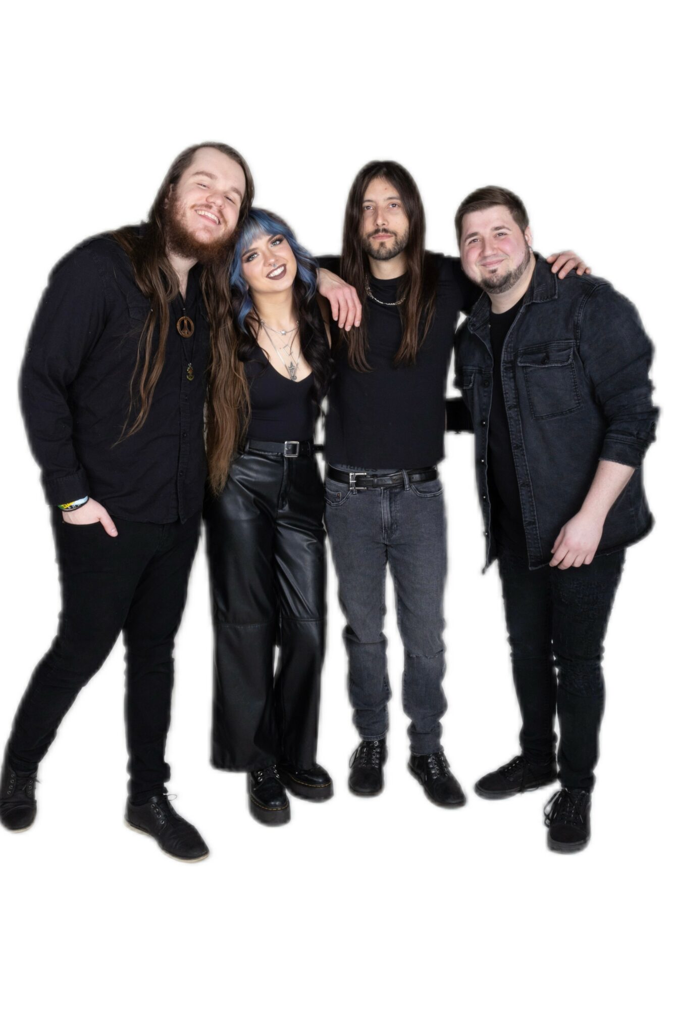 Four people standing together, smiling, with arms around each other, against a white background.