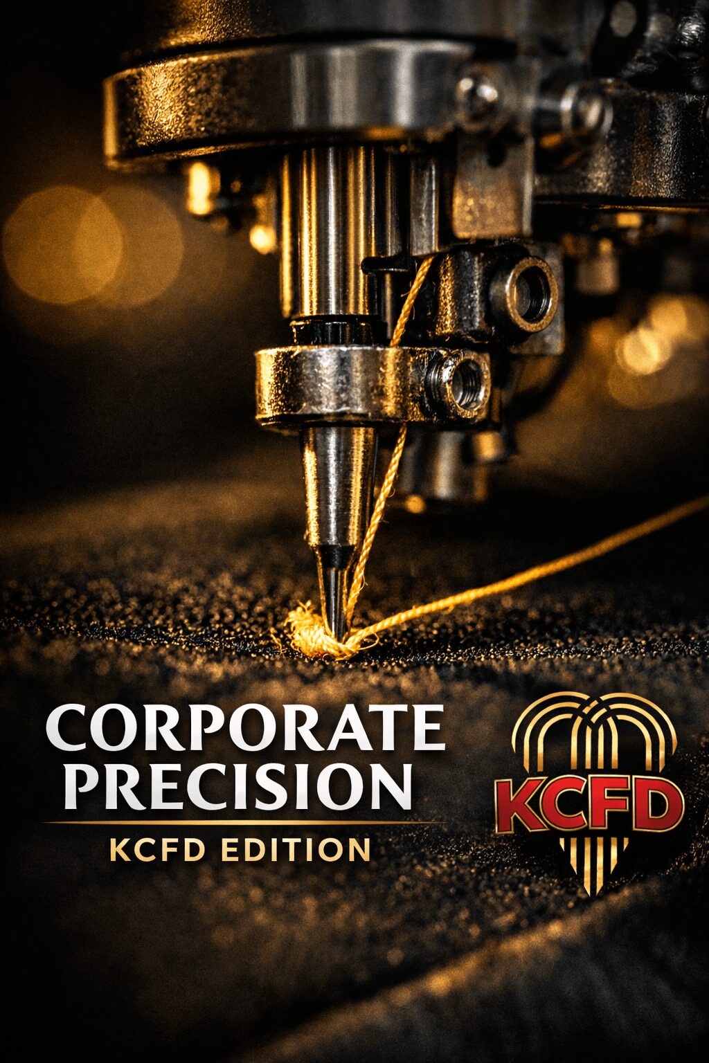 Close-up of a precision industrial machine nozzle with sparks, with text and logo at the bottom.