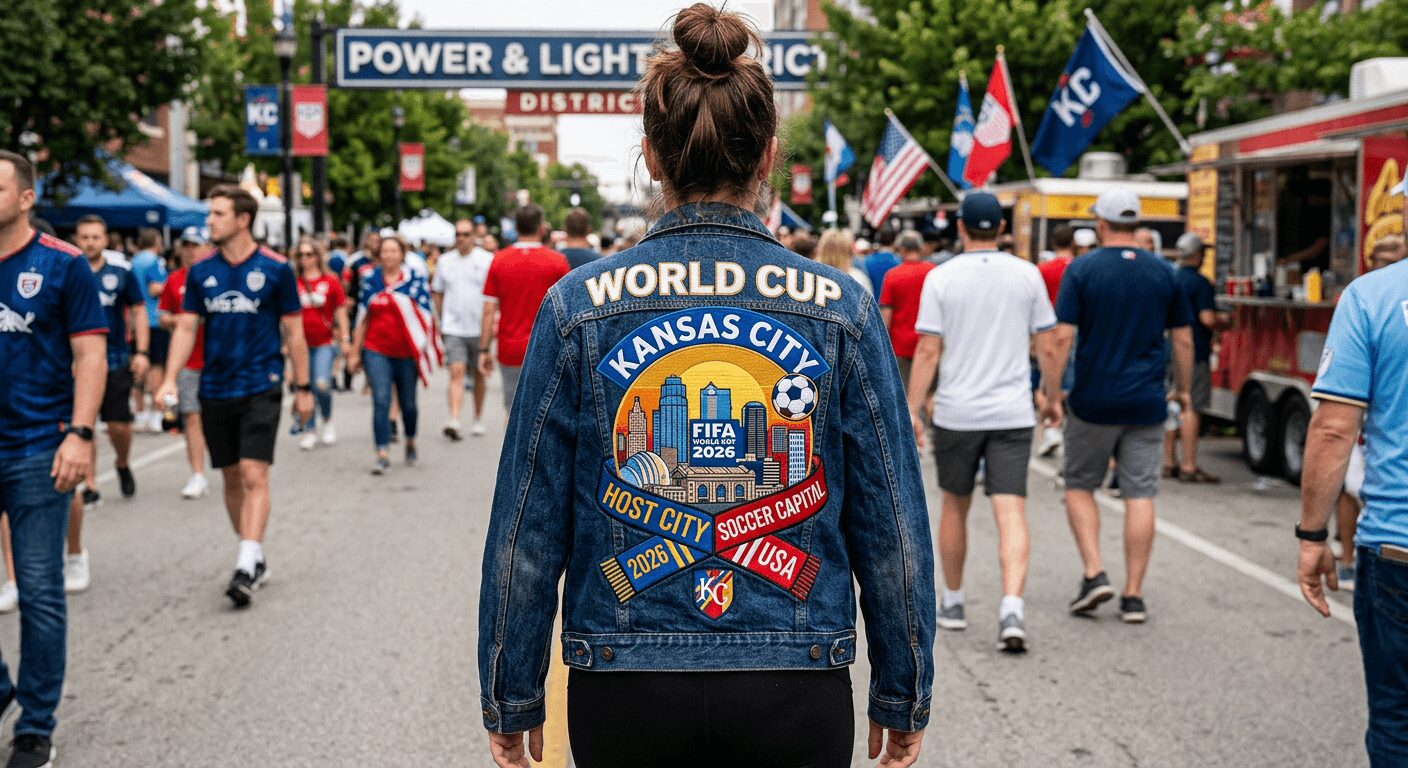 Person with a denim jacket featuring World Cup patches walking in a crowded outdoor event, with flags and banners visible.
