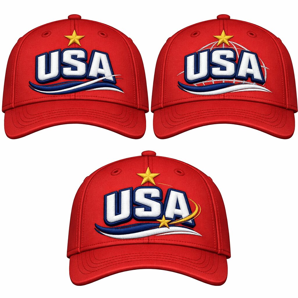 Three red baseball caps with USA logo and star, arranged with two on top and one below, front view.