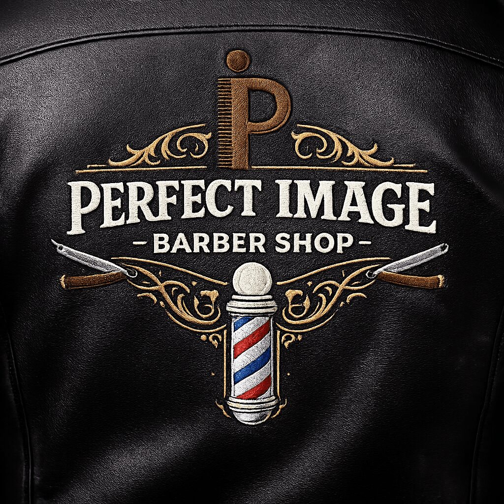 Back of a leather barber shop jacket with embroidered logo, scissors, and barber pole design, and the text 'Perfect Image Barber Shop'.