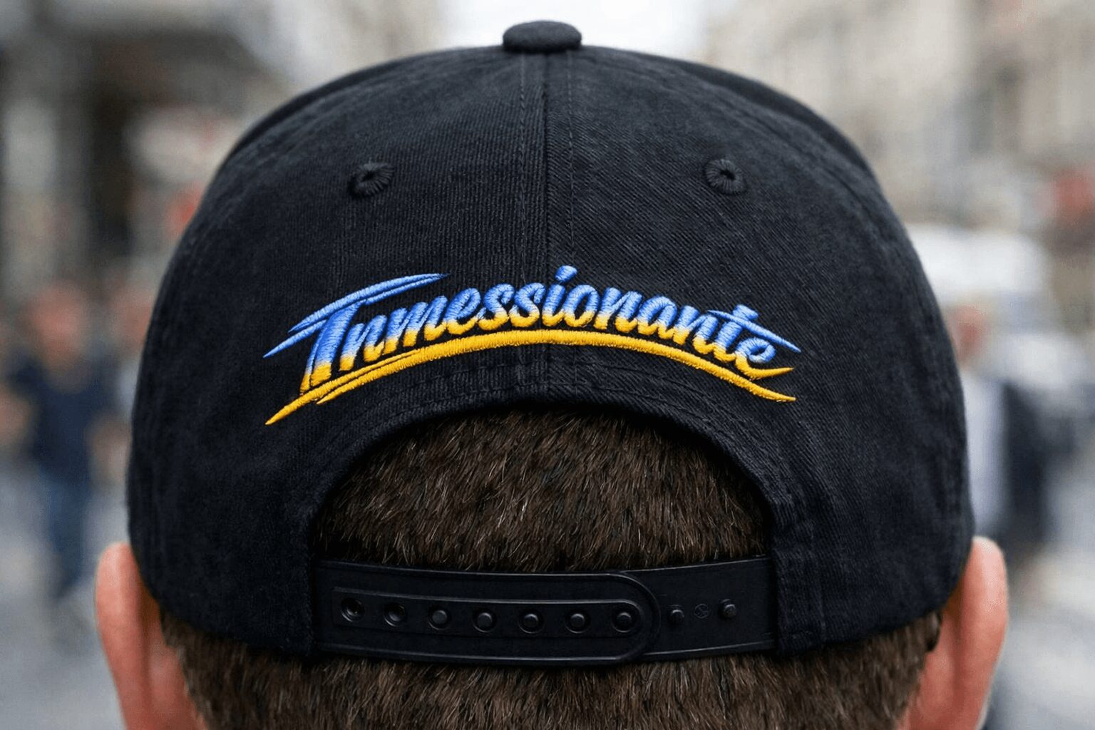 Black baseball cap with embroidered text 'Impressionante' in blue and yellow, worn outdoors.