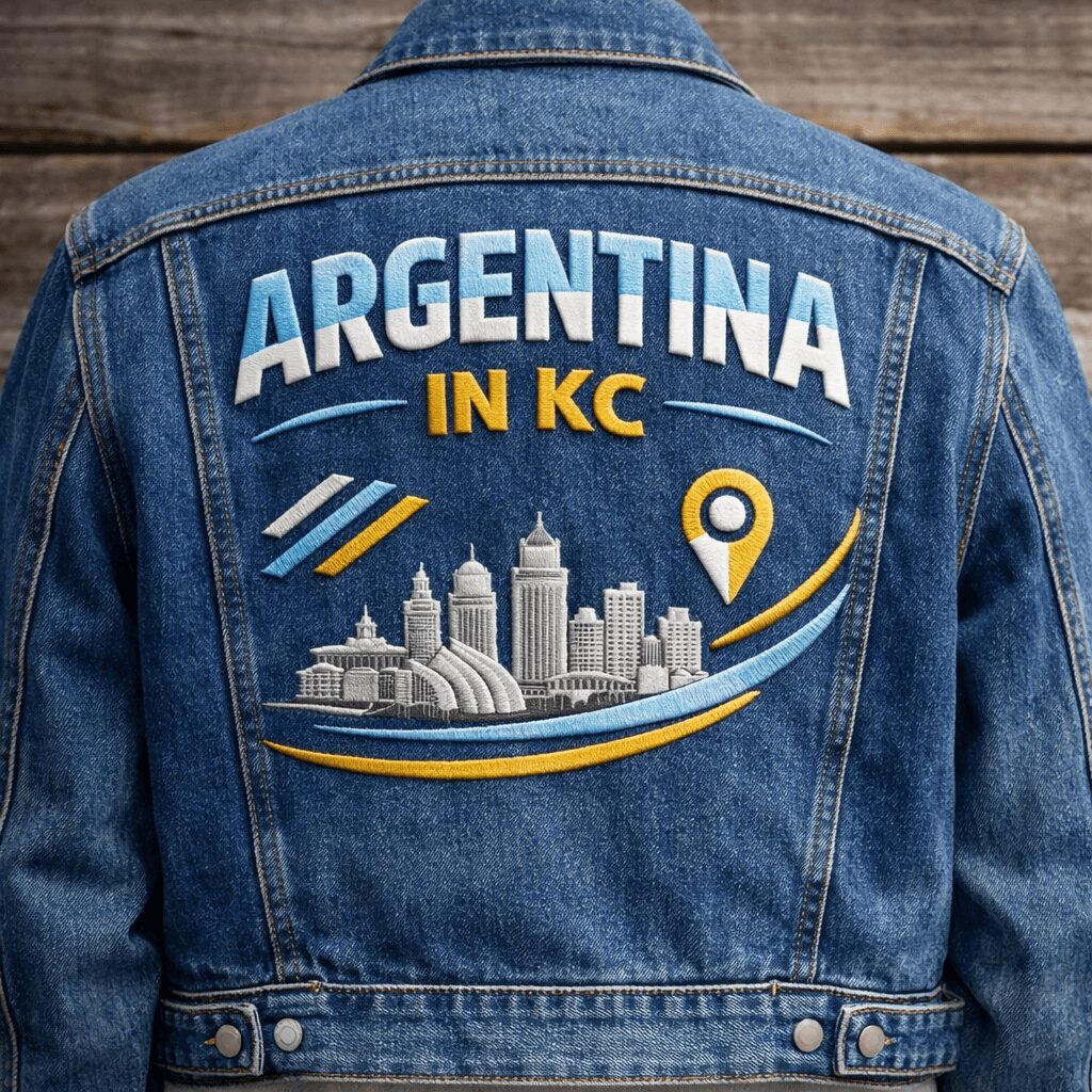 Back of denim jacket with embroidered design of a city skyline, text 'ARGENTINA IN KC', and a location pin icon.