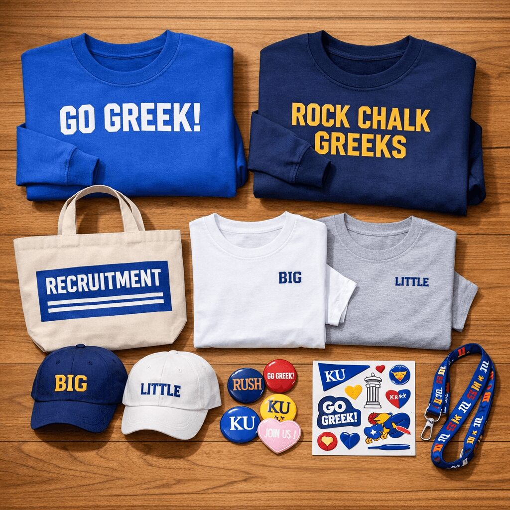 Collection of blue, white, and gray shirts, hats, buttons, tote bag, and lanyard on wooden surface.
