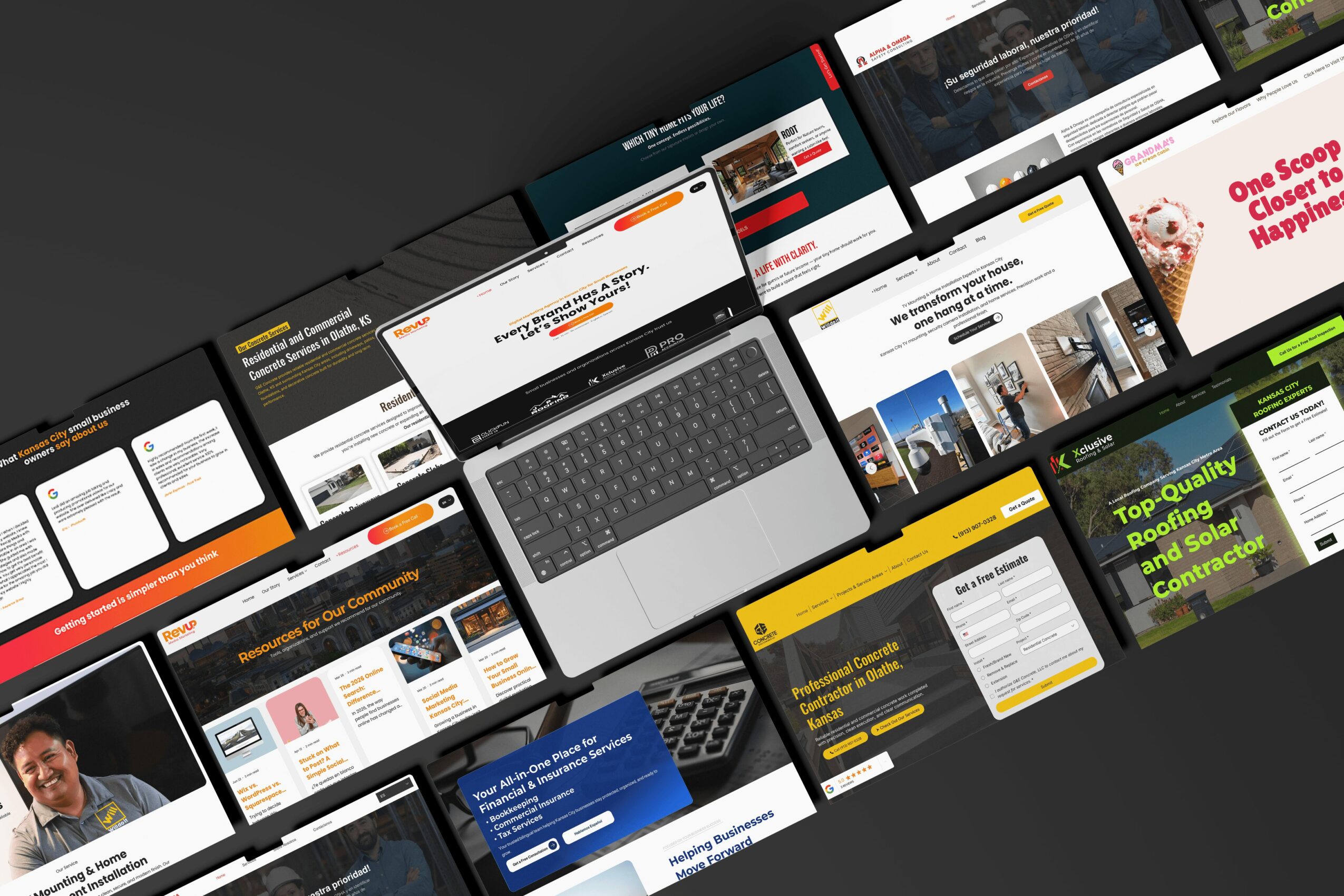 Multiple computer screens displaying various website pages and a laptop keyboard on a dark surface.
