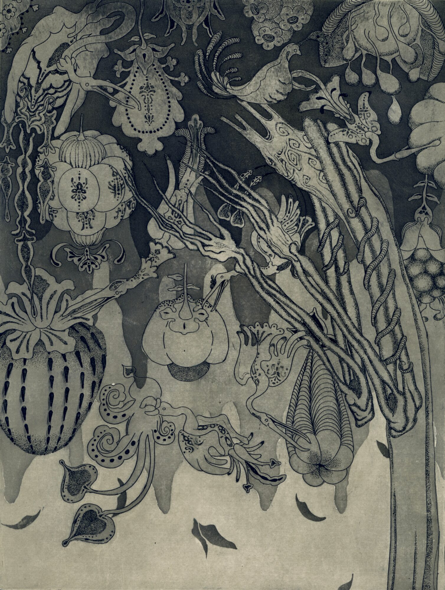 Intricate black and white illustration featuring mythical creatures, plants, and decorative elements with detailed line work.