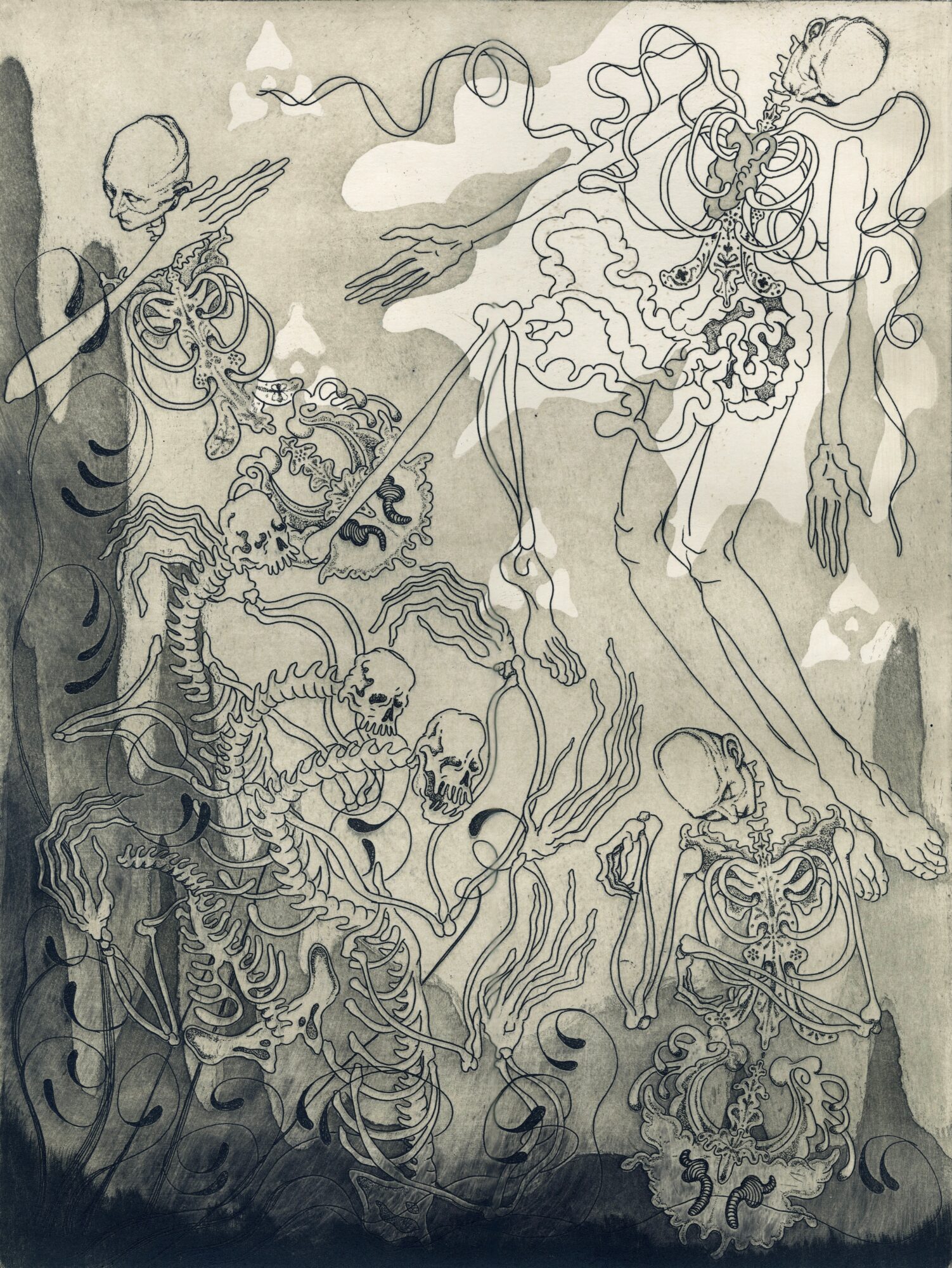 Line drawing of skeletons, a figure with flowing hair, and other figures with intricate details, set against a cloudy background.