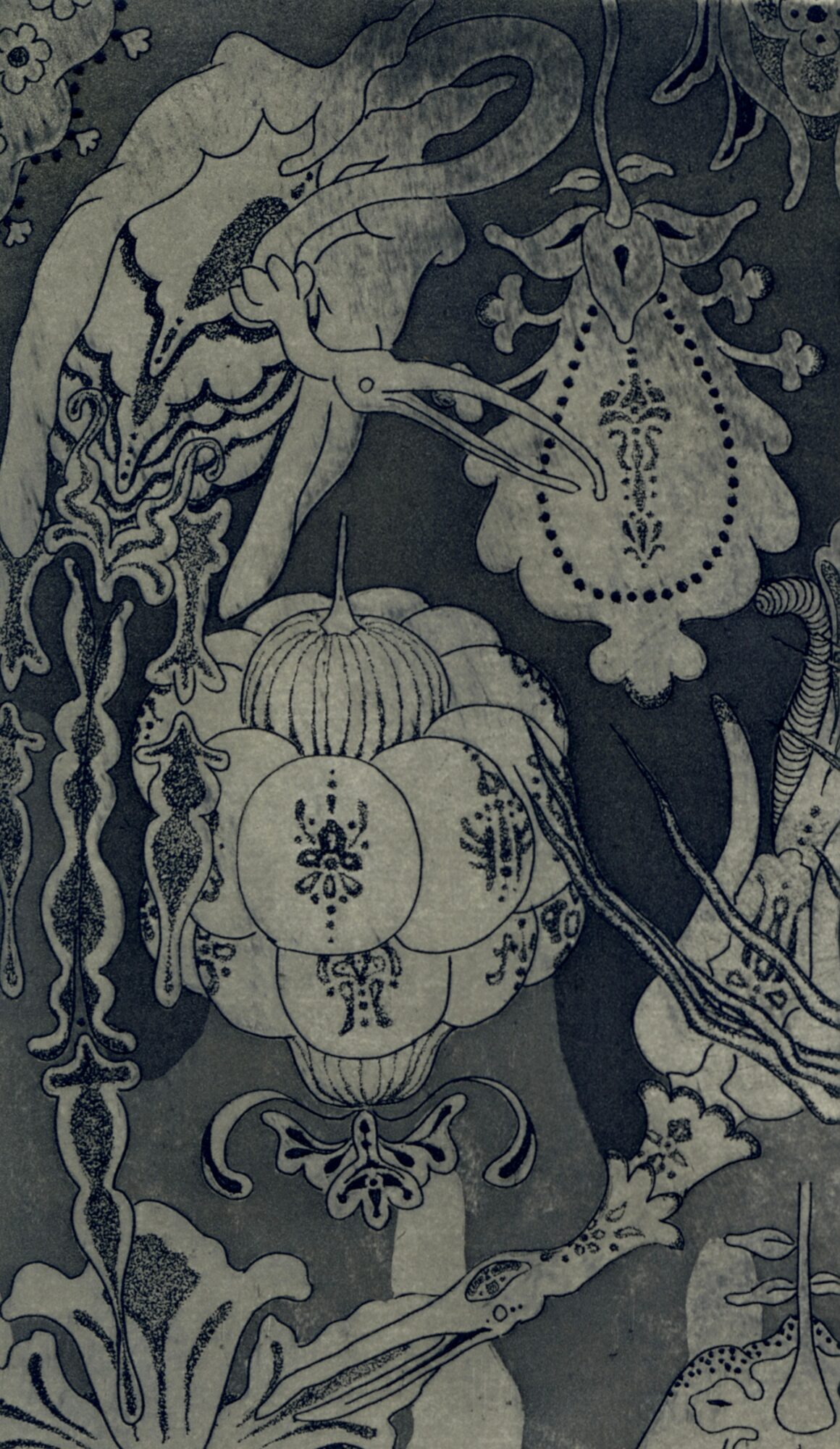 Intricate illustration featuring a dragon, a pumpkin, and floral elements in a detailed, monochromatic style.