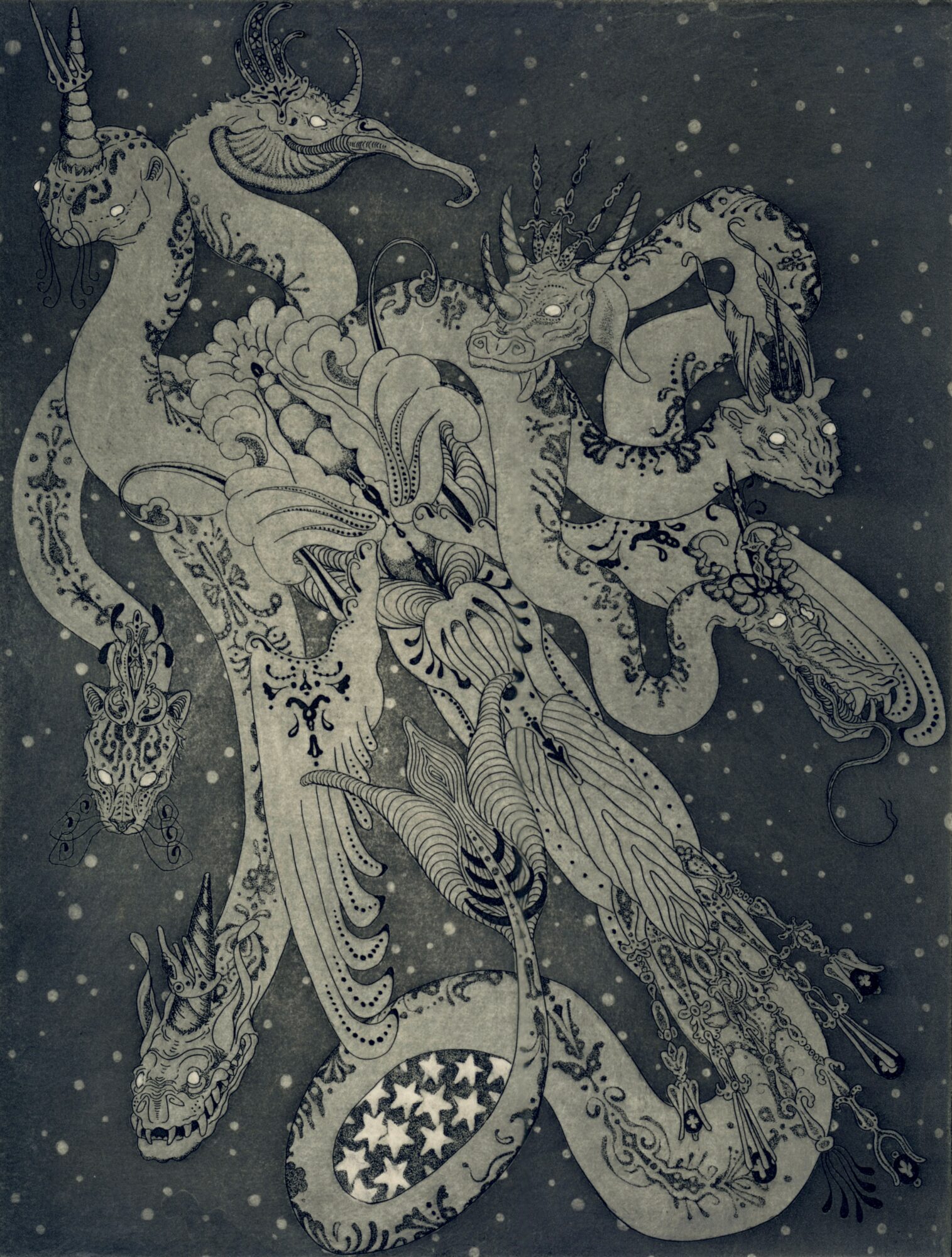 Intricate illustration of two mythical dragon-like creatures with detailed patterns and flowing forms, set against a dark background with stars.