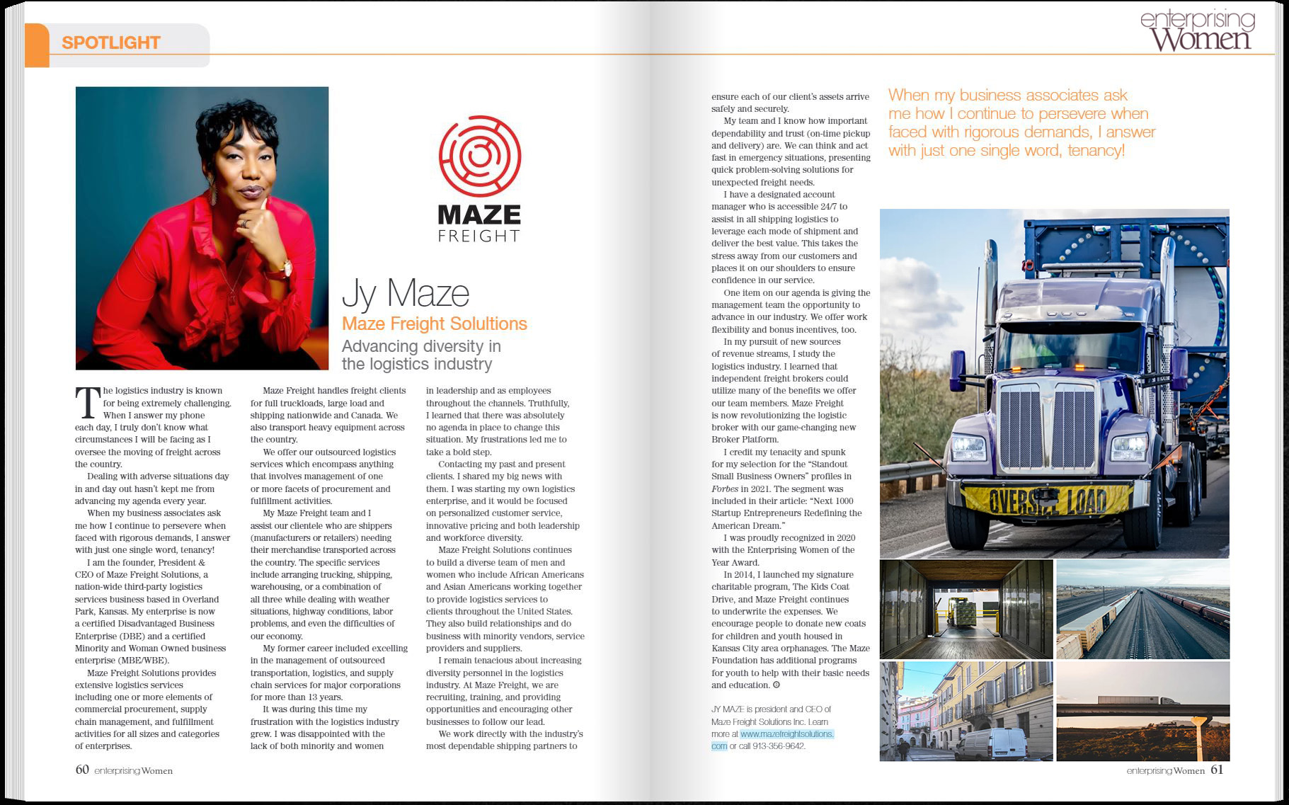 Two-page magazine spread featuring a woman in red on the left and a large truck on the right, with smaller images below.