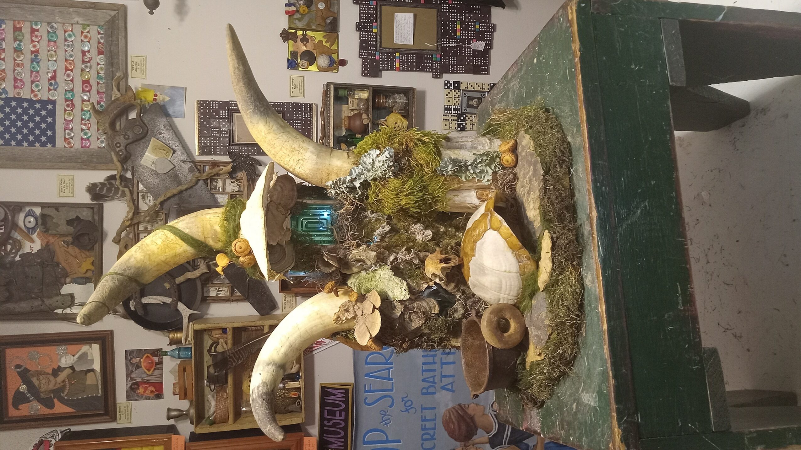Decorative arrangement with horns, moss, shells, and small objects on a table, with framed pictures and posters in the background.