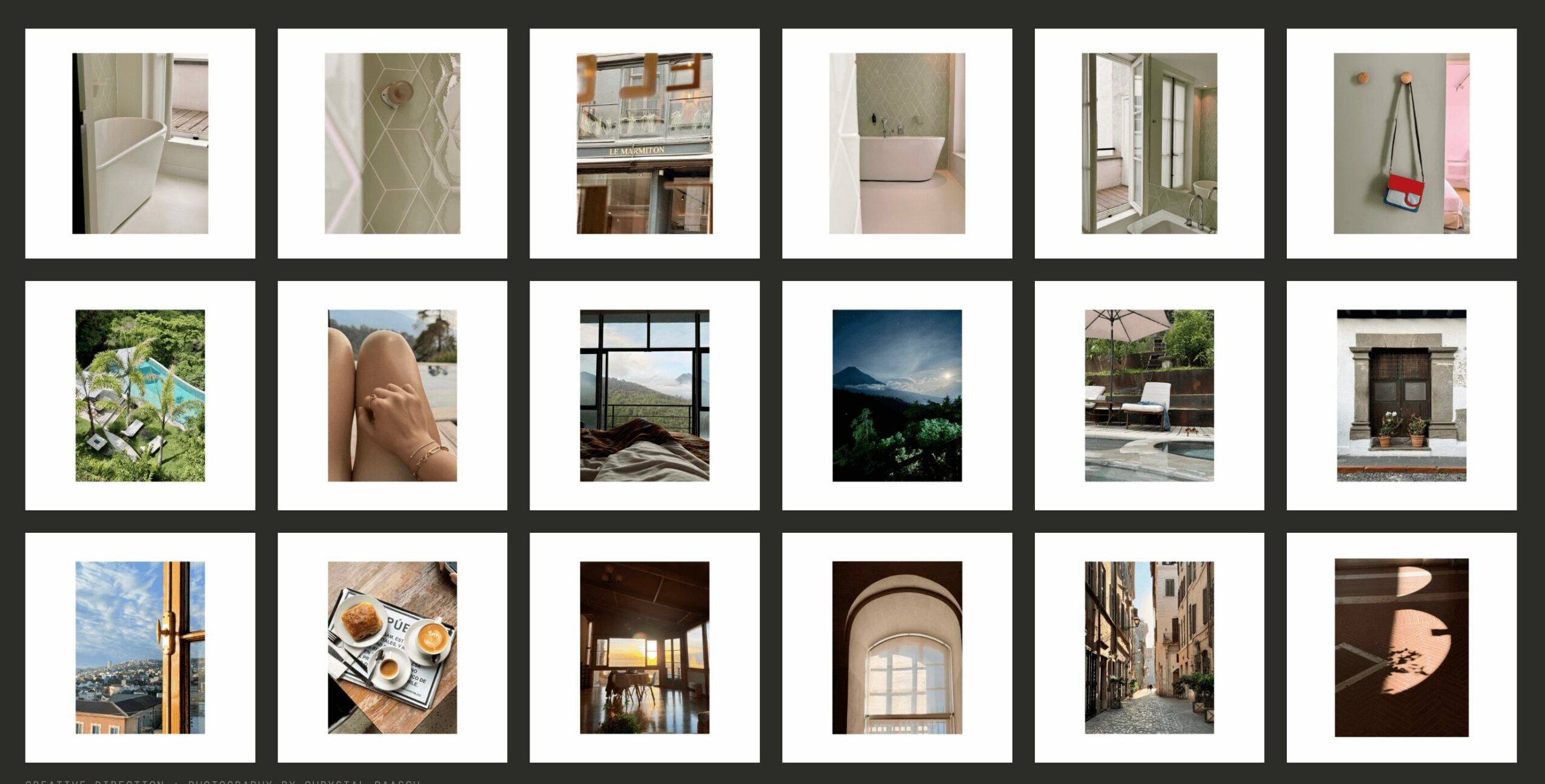 Collection of various interior and exterior scenes, including bathrooms, kitchens, windows, and outdoor views.