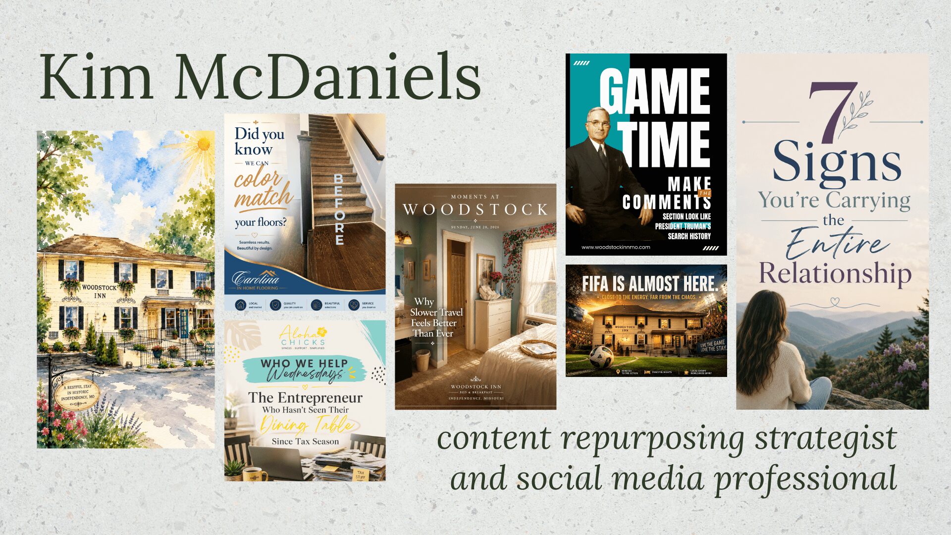 Collection of book covers and a house, with text about content repurposing and social media strategy.