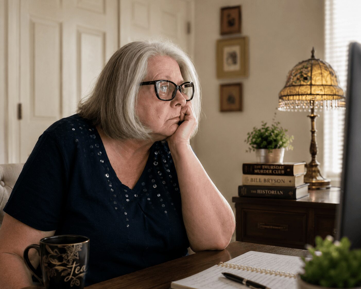 Older woman with glasses, gray hair, resting her chin on her hand, sitting at a desk with a mug and notebook.