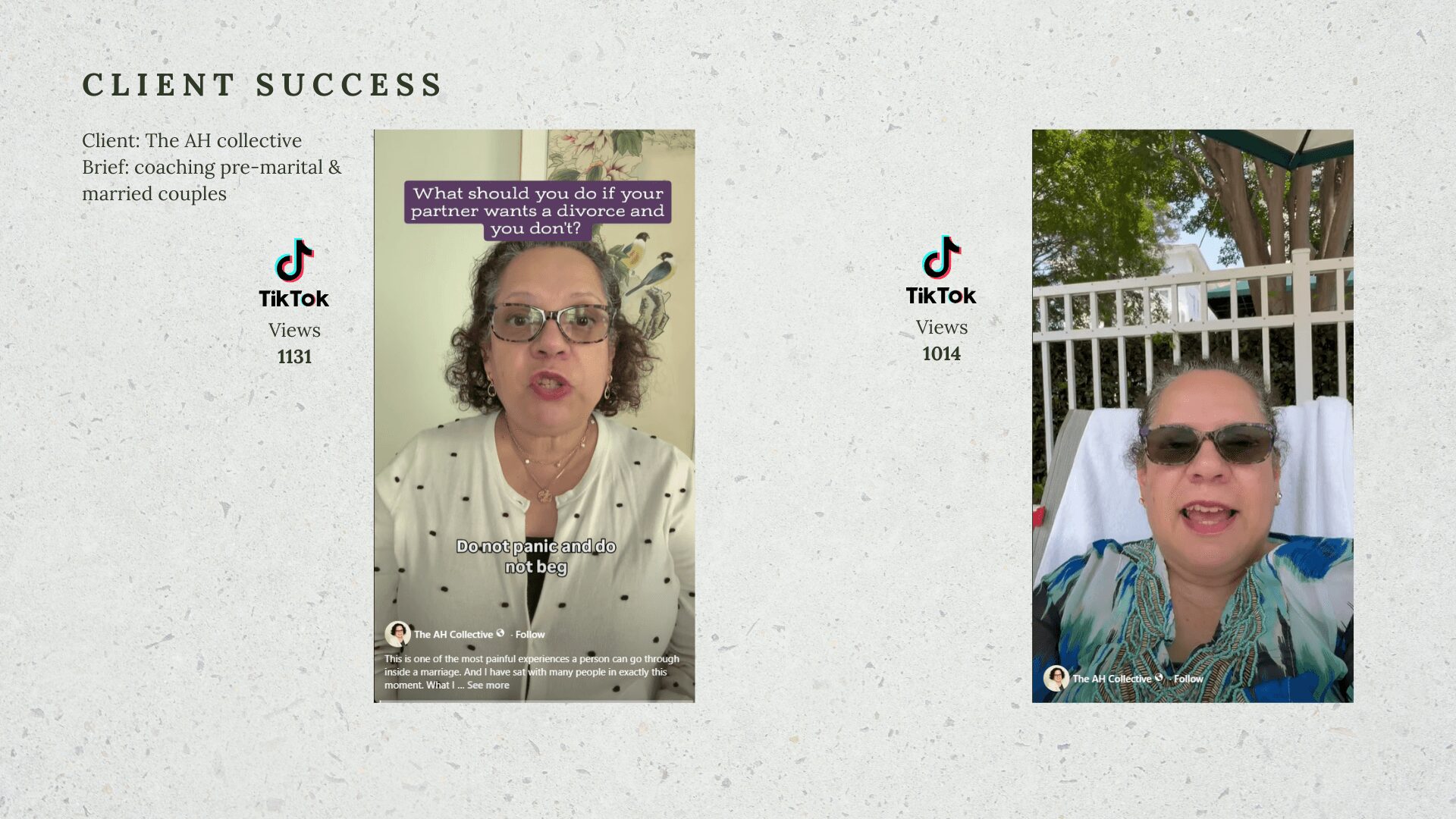 Two screenshots of women speaking, one indoors with glasses and one outdoors with sunglasses, both smiling.