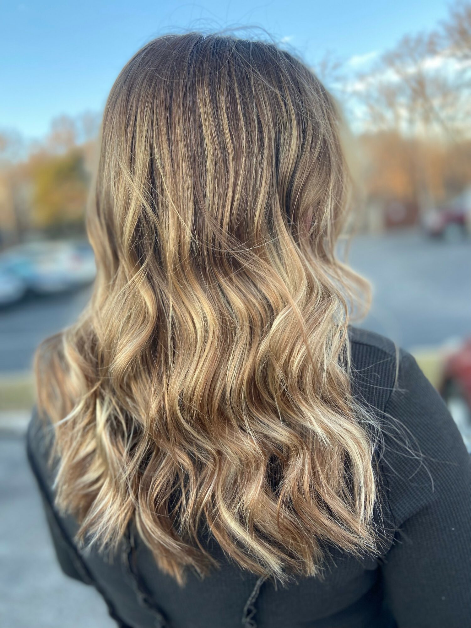 Back of a person with long, wavy, blonde hair outdoors, with trees and a parking lot in the background.