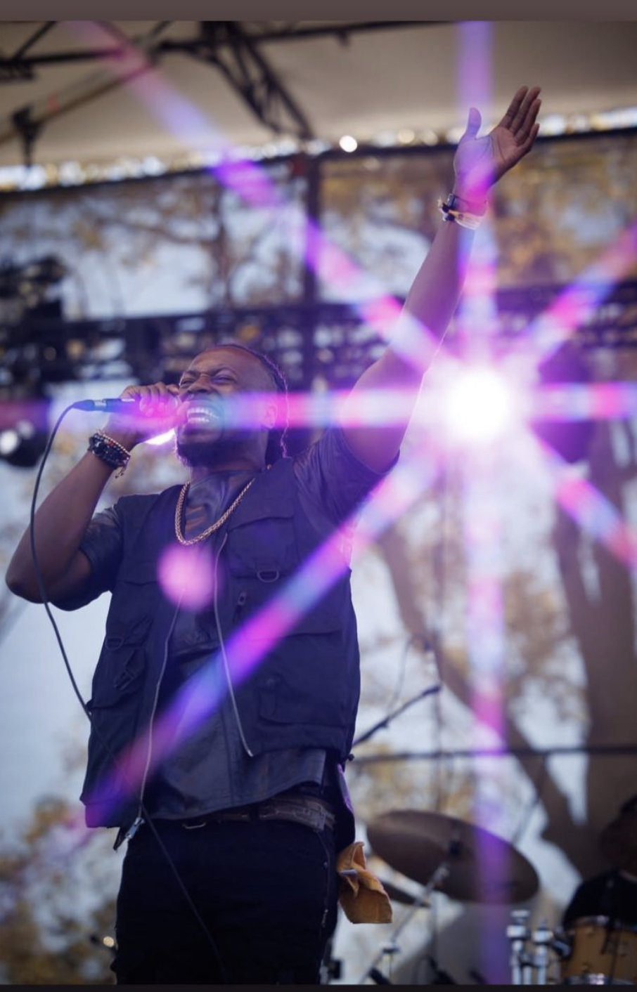 Performer singing with one arm raised on stage, bright lights and trees in background, outdoor setting.