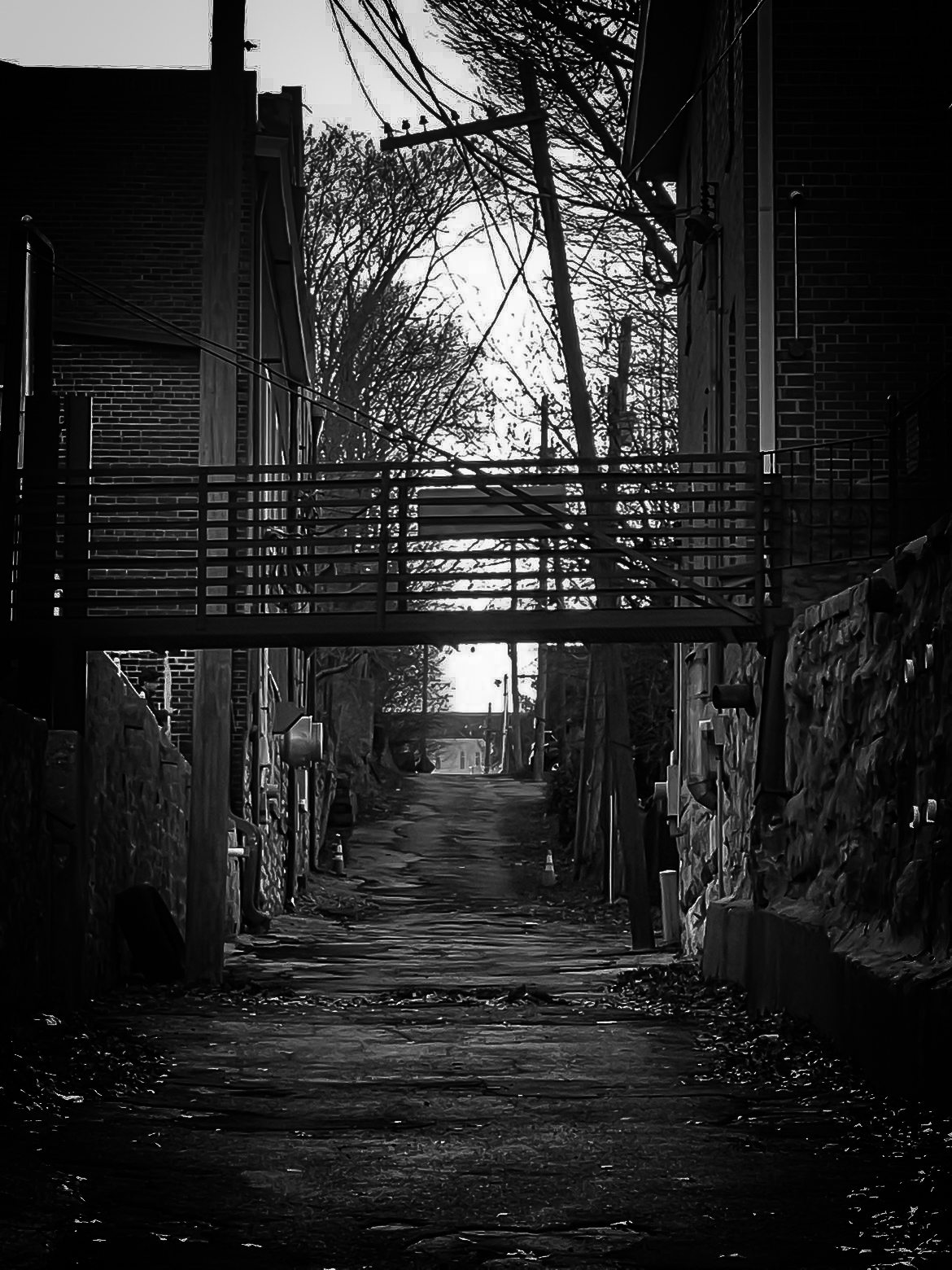 Dark alleyway with buildings, trees, and power lines overhead, leading to a brighter area in the distance.