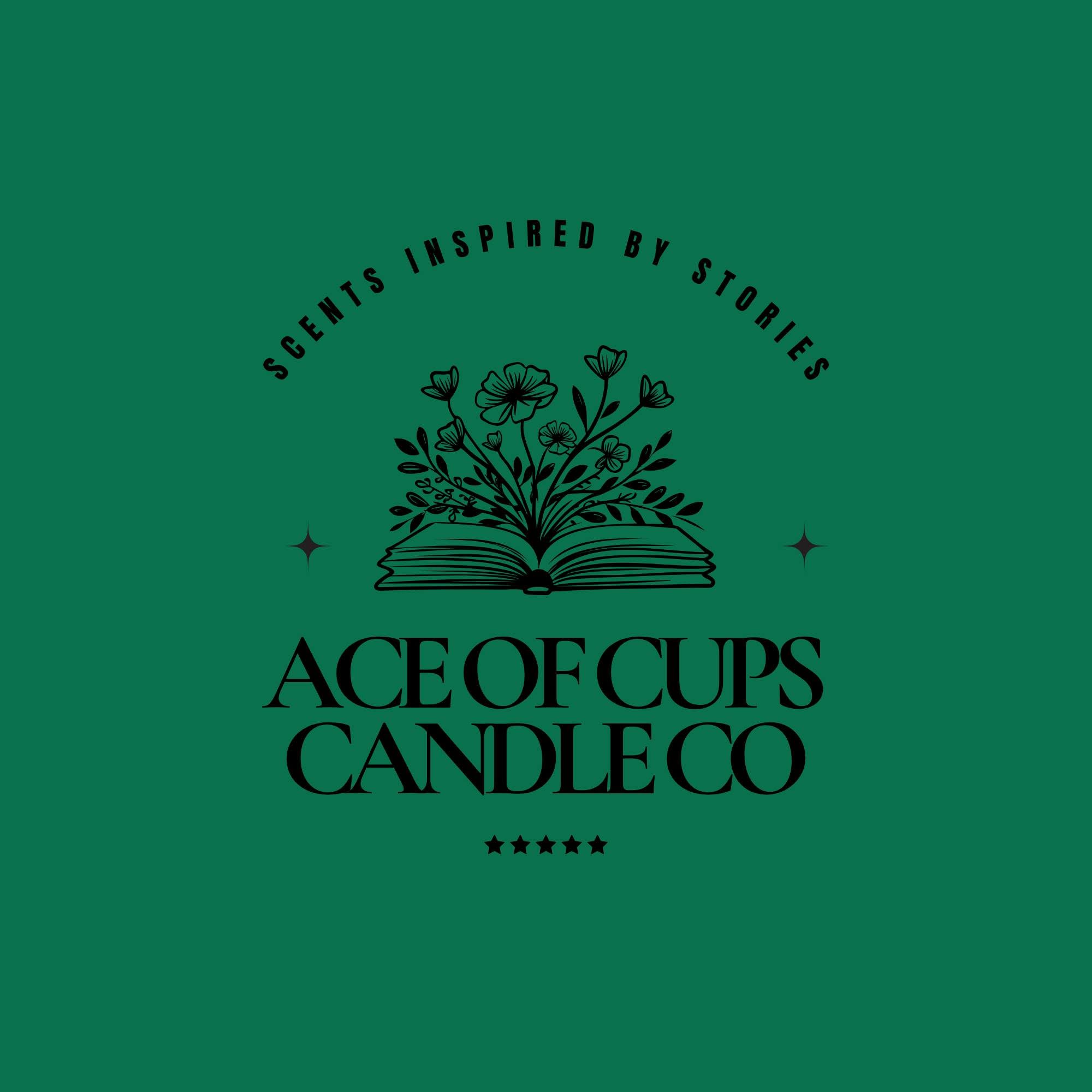 Green background with black text and a floral illustration, reading 'Scents inspired by stories' and 'Ace of Cups Candle Co'.