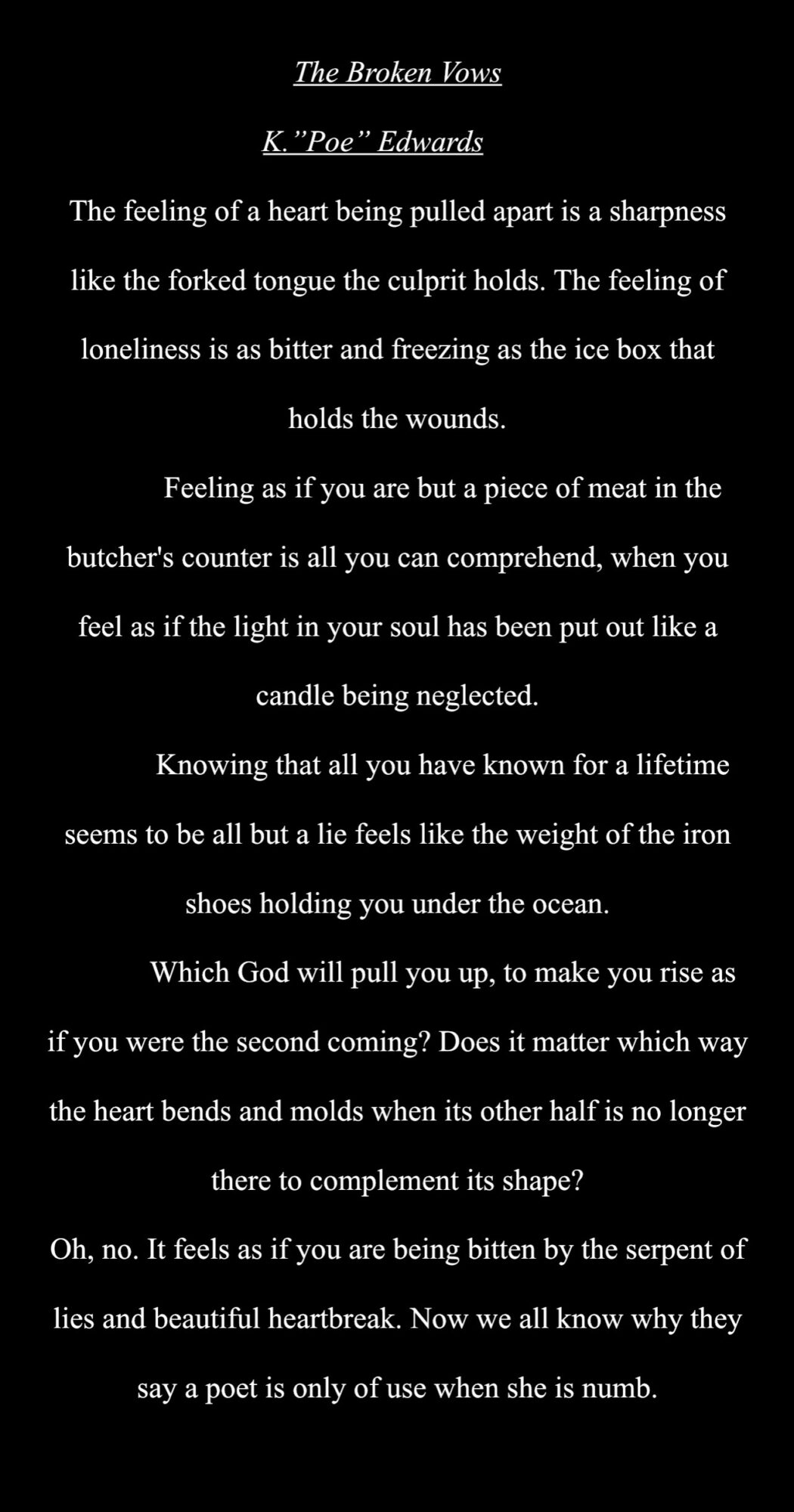 Text from a poem titled 'The Broken Heart' by K. Poe Edwards, discussing feelings of loneliness and heartbreak.