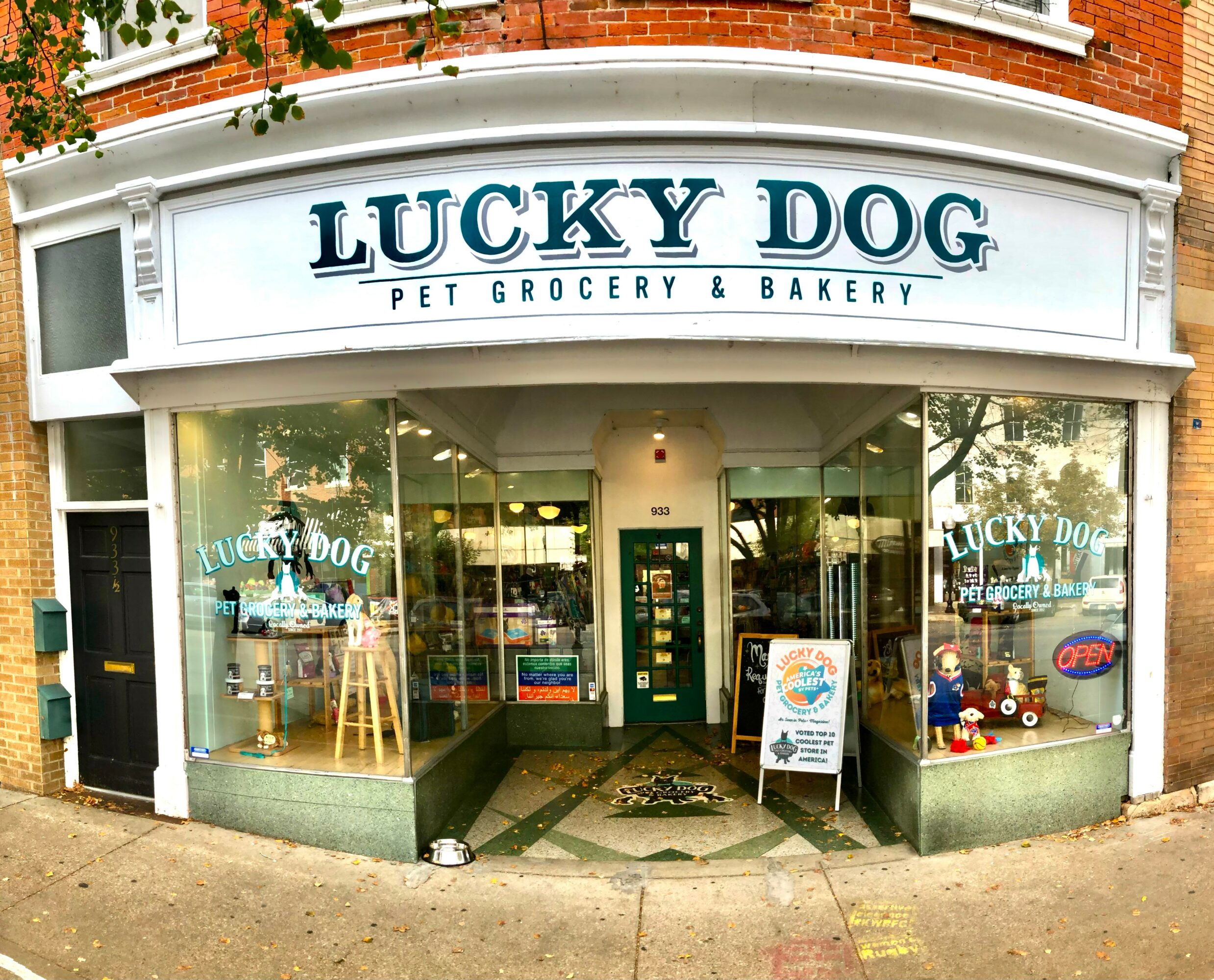 Pet store with large glass windows and a sign reading 'LUCKY DOG PET GROCERY & BAKERY' above the entrance.