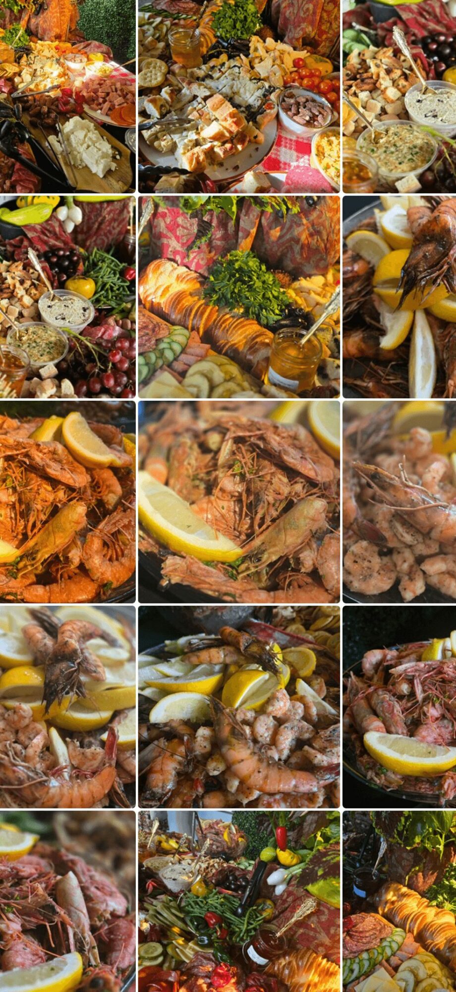 Collage of various dishes including grilled meats, seafood, and garnishes, with lemon slices and vegetables, arranged on plates.