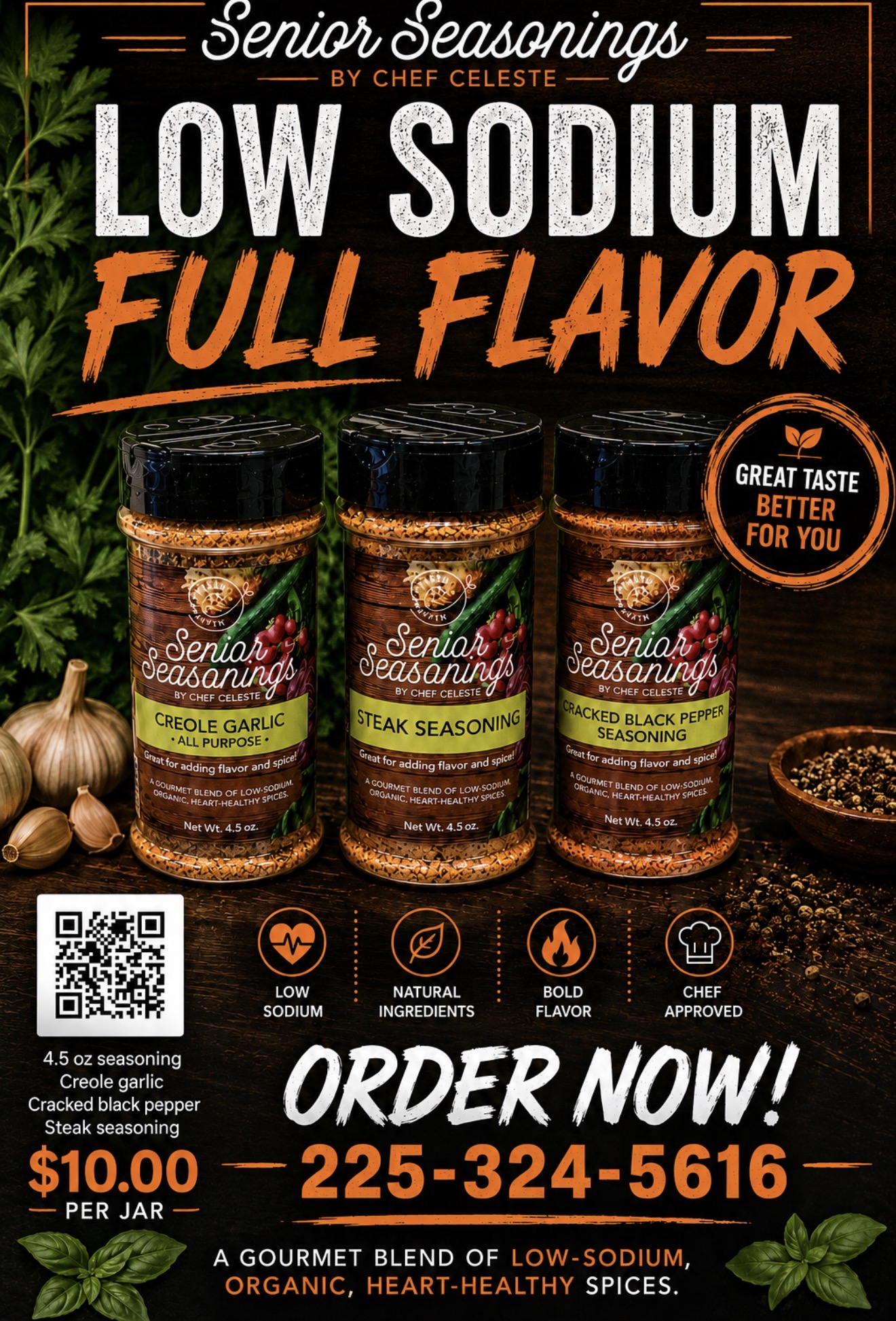 Three jars of seasoning labeled 'Senior Seasonings' with a black background, orange and green text, and a QR code, price, and phone number below.