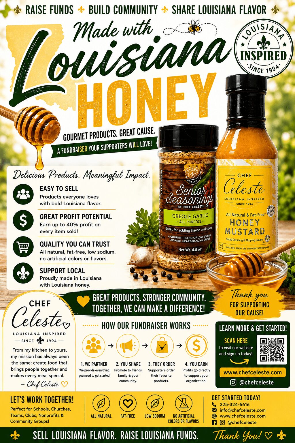 Label promoting Louisiana honey, featuring jars of honey and mustard, with text about fundraising and community support.