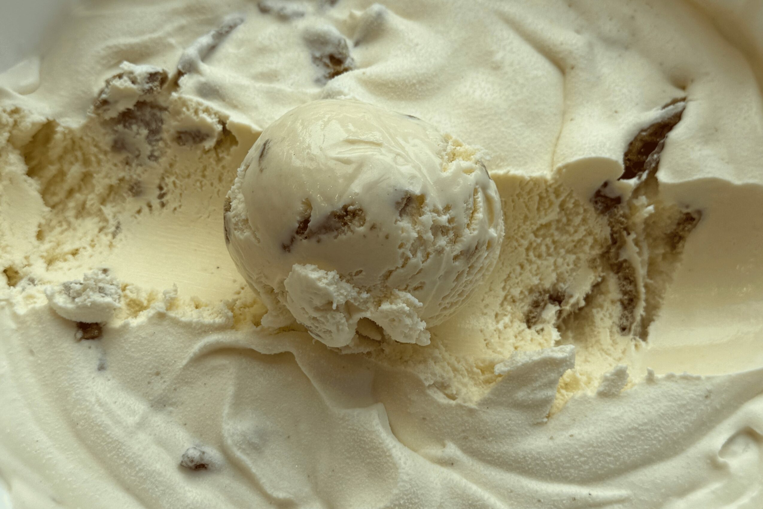 Scoops of ice cream with chocolate chips on a surface of ice cream, some melting and spread out.