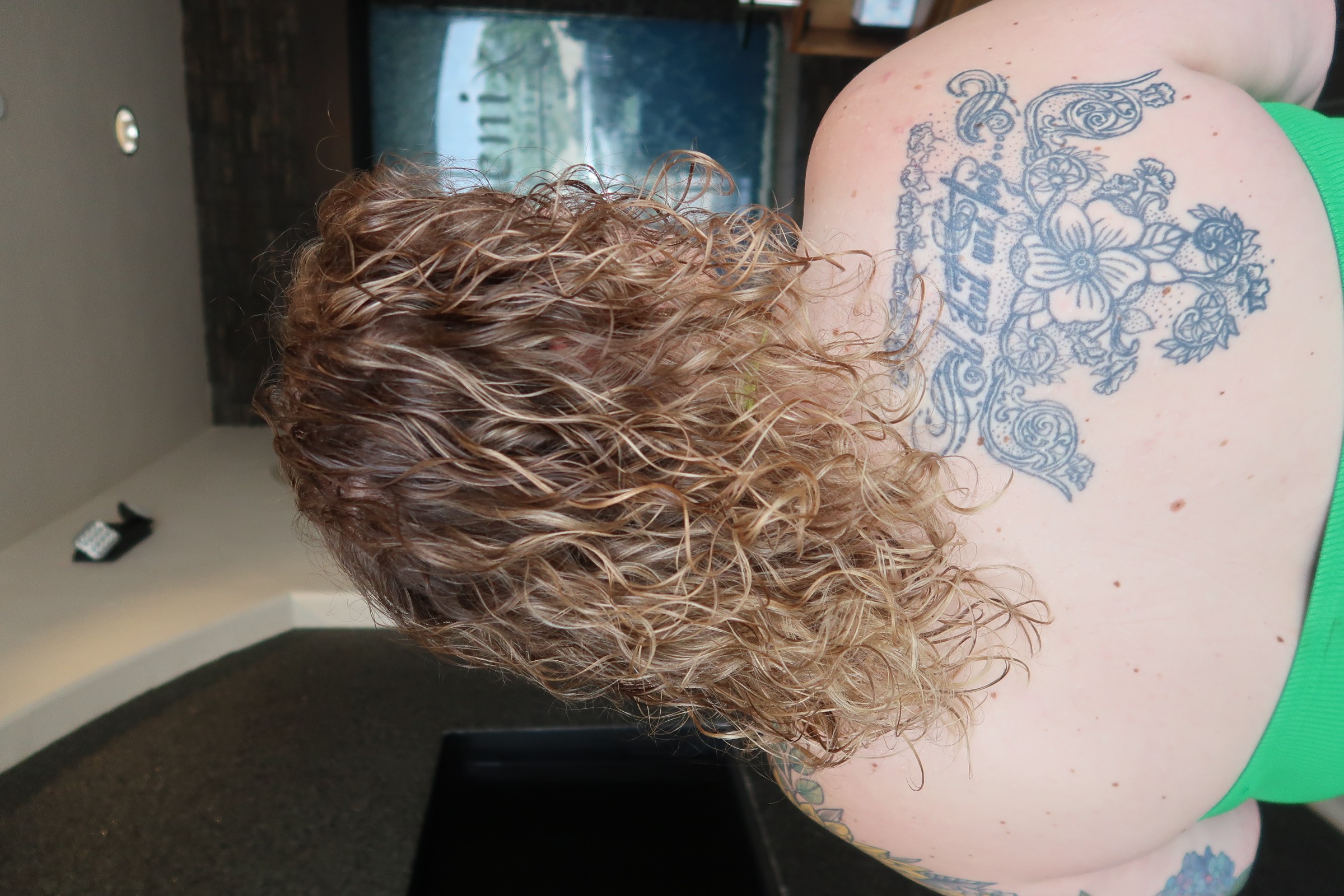 Back view of a person with curly, light brown hair, wearing a green top, showing a tattoo on their shoulder blade.