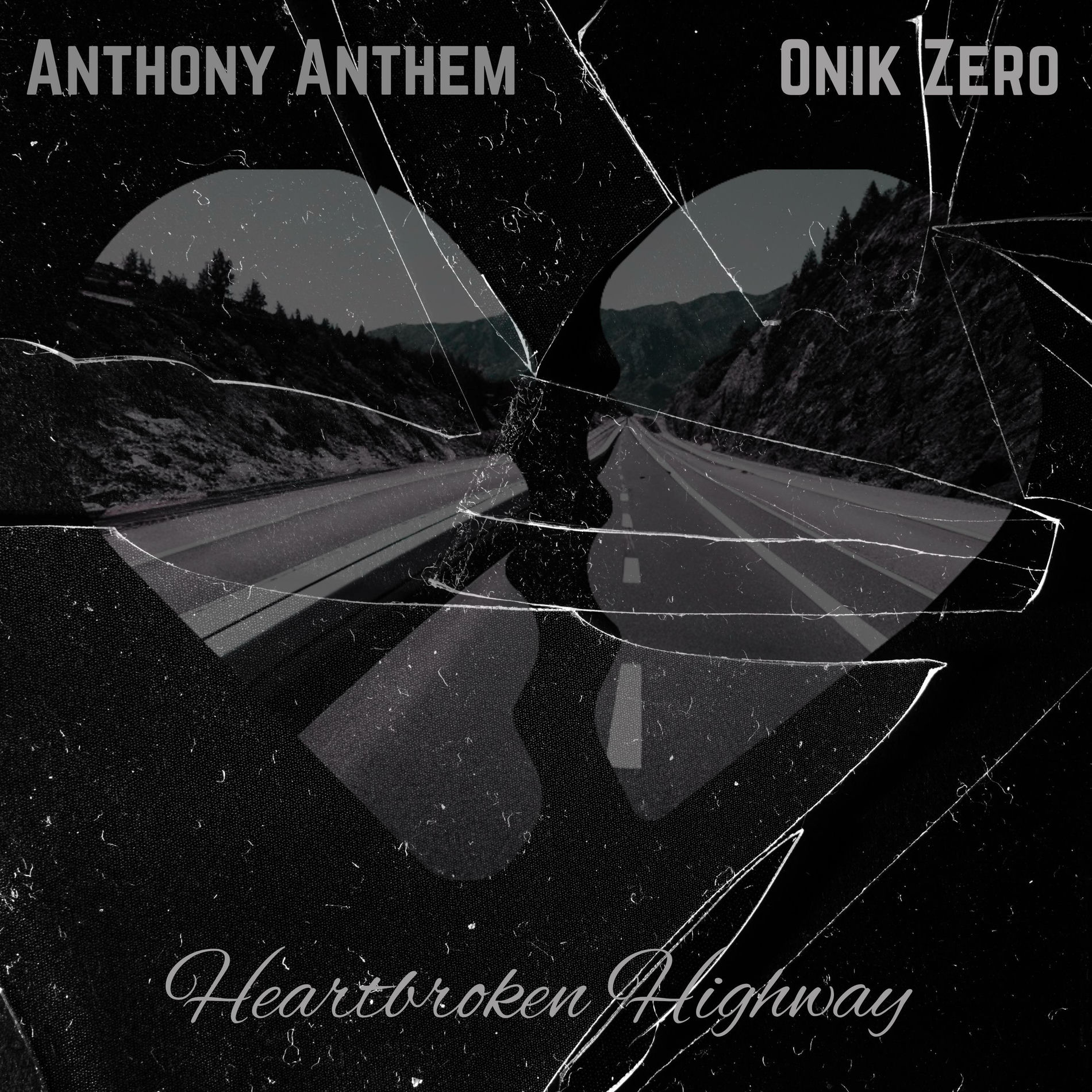 Silhouette of a person walking on a highway with mountains in the background, heart-shaped overlay, cracked glass effect, text with artist names and song title.