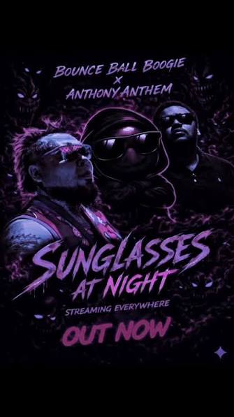 Promotional poster for a nighttime event featuring sunglasses, with text about streaming and an 'out now' message.