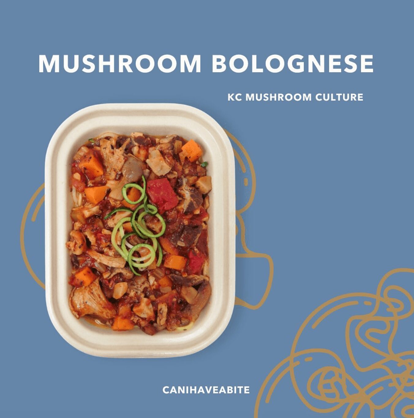 Container of mushroom bolognese with chopped vegetables and green garnish, on a blue background with text. Word count: 20.