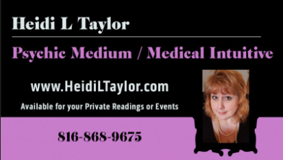 Business card for Heidi L Taylor, psychic medium and medical intuitive, with contact info and website, featuring a photo of a woman with short hair.