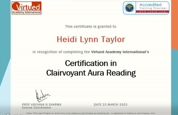 Certificate awarded to Heidi Lynn Taylor for certification in Claimant Aura Reading, dated March 15, 2023.