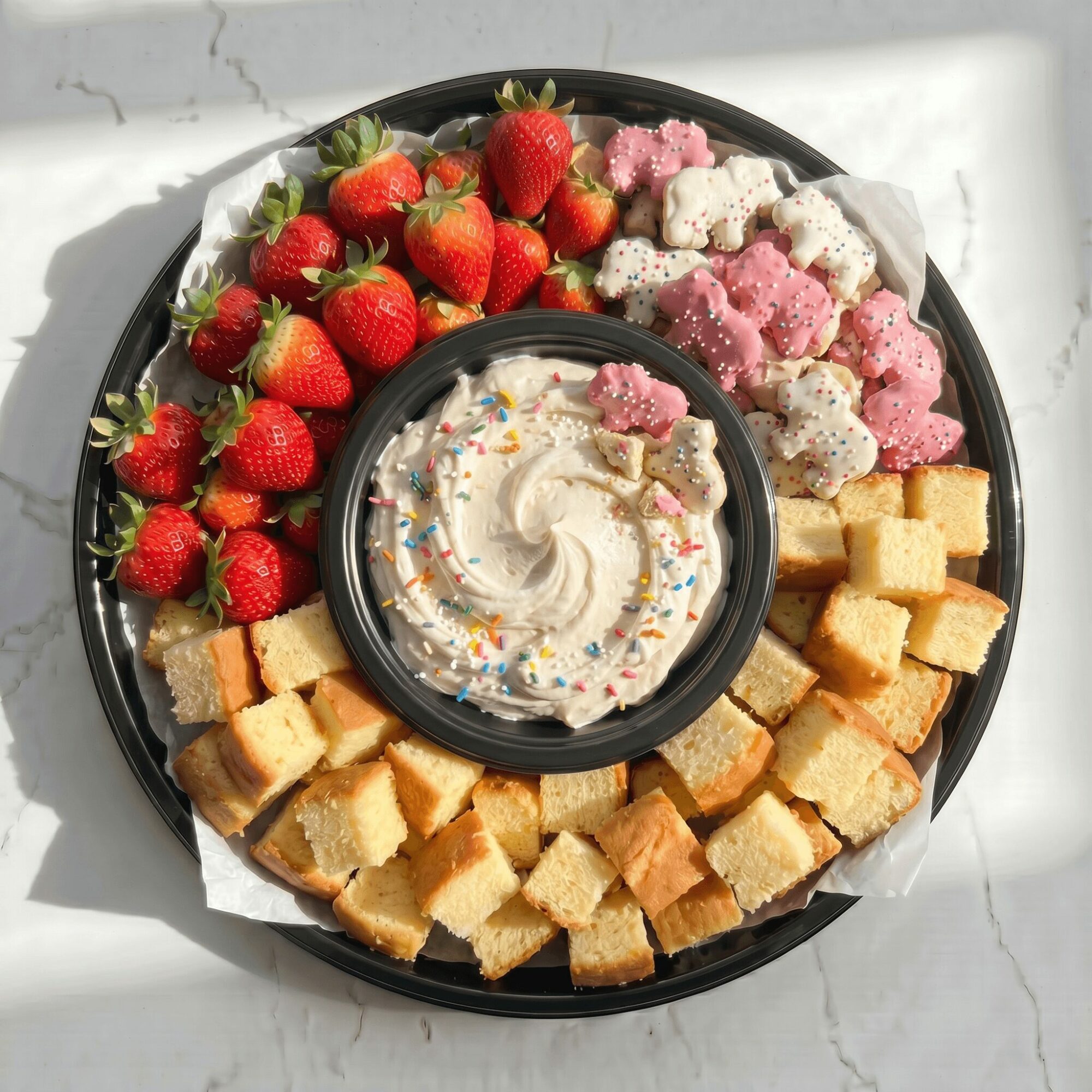 Round platter with strawberries, colorful cookies, cubed cake pieces, and a central bowl of whipped cream with sprinkles.