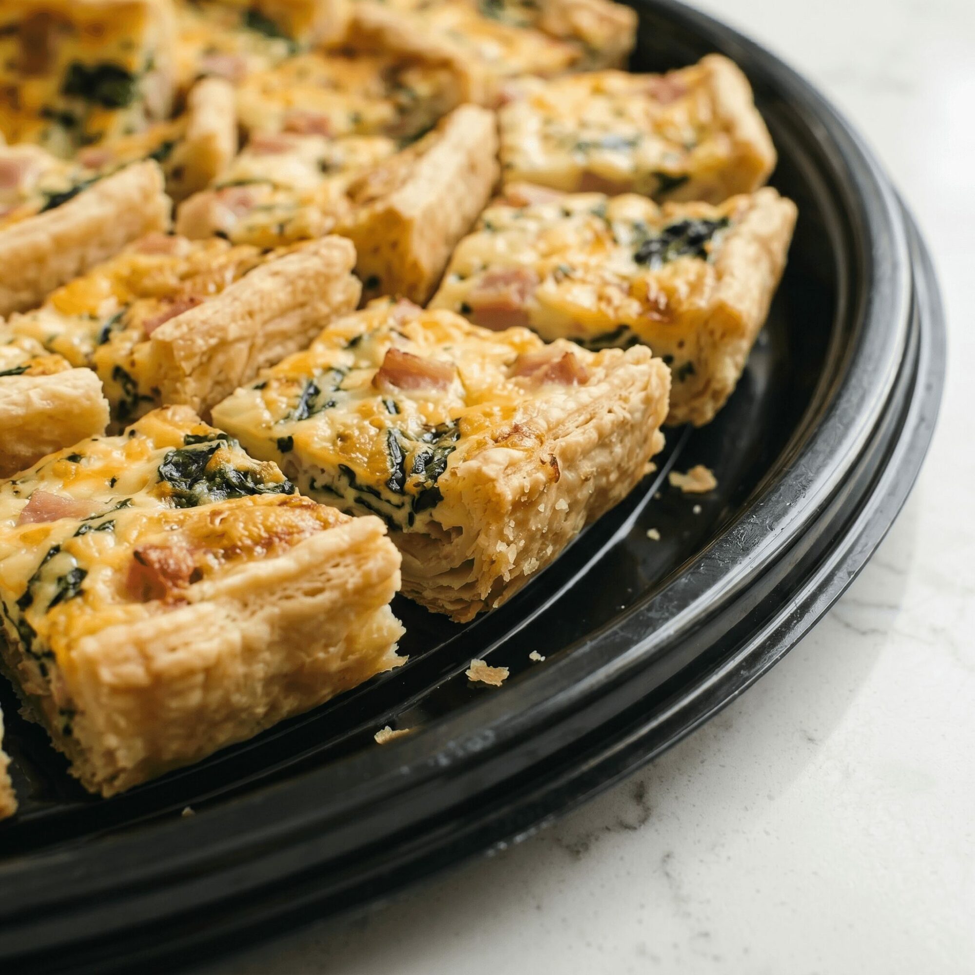 Slices of vegetable quiche on a black plate, with a crust and filling of eggs, spinach, and cheese, on a white surface.