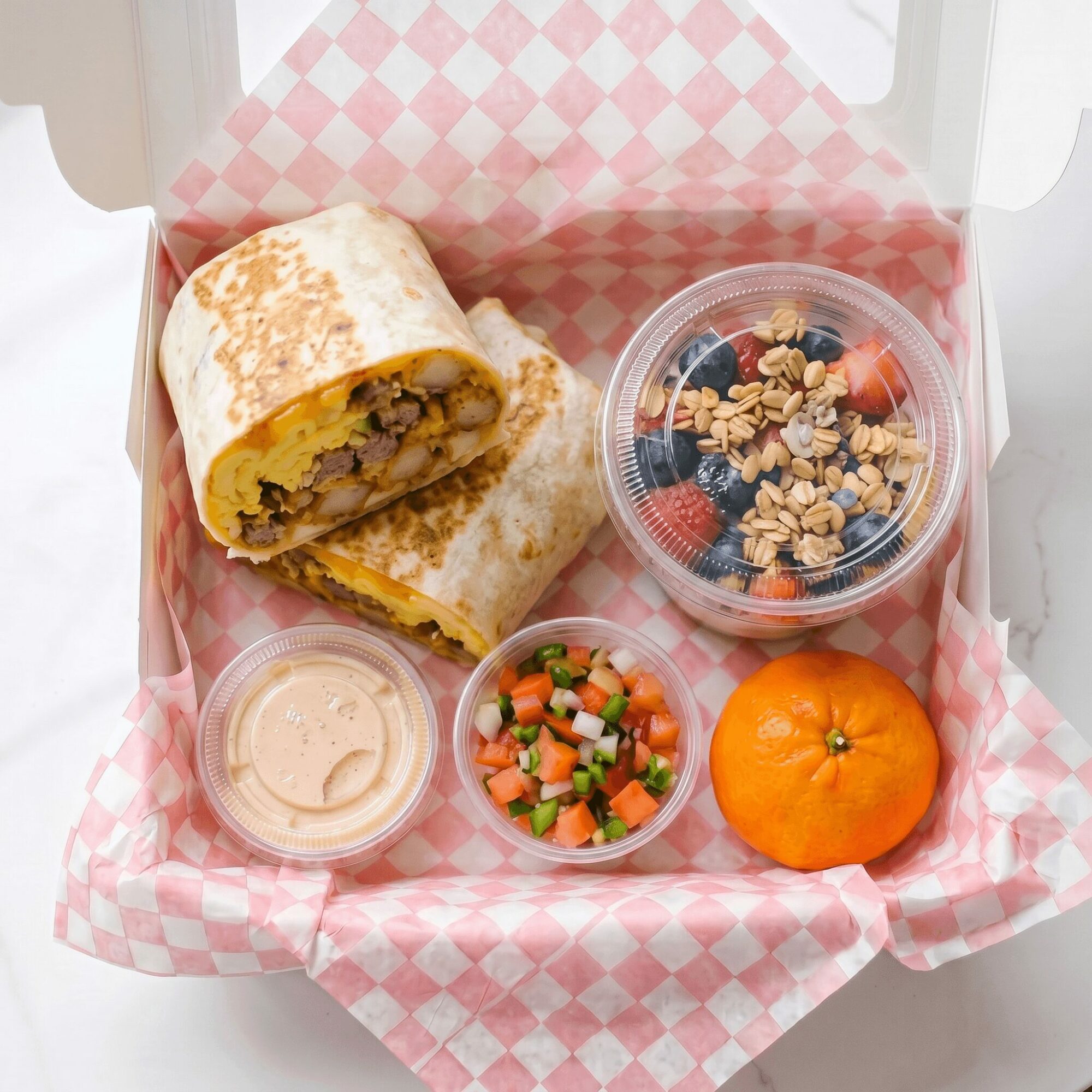 Box with wrap, granola, fruit, salsa, and an orange, all on pink checkered paper.