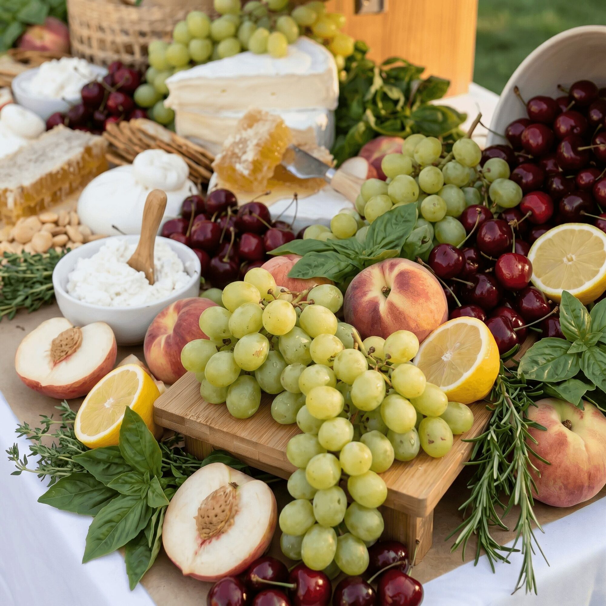 Assorted grapes, peaches, lemon slices, and herbs on a table with cheese and bread, outdoors.