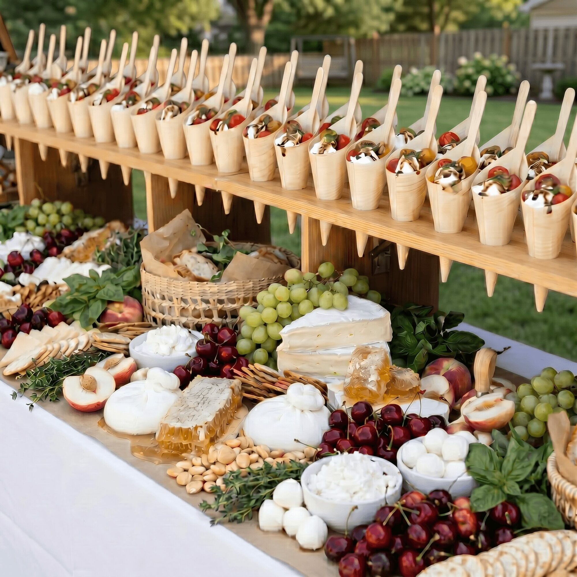 Display of dessert cups with spoons on a wooden shelf, surrounded by various fruits and baked goods on a table.