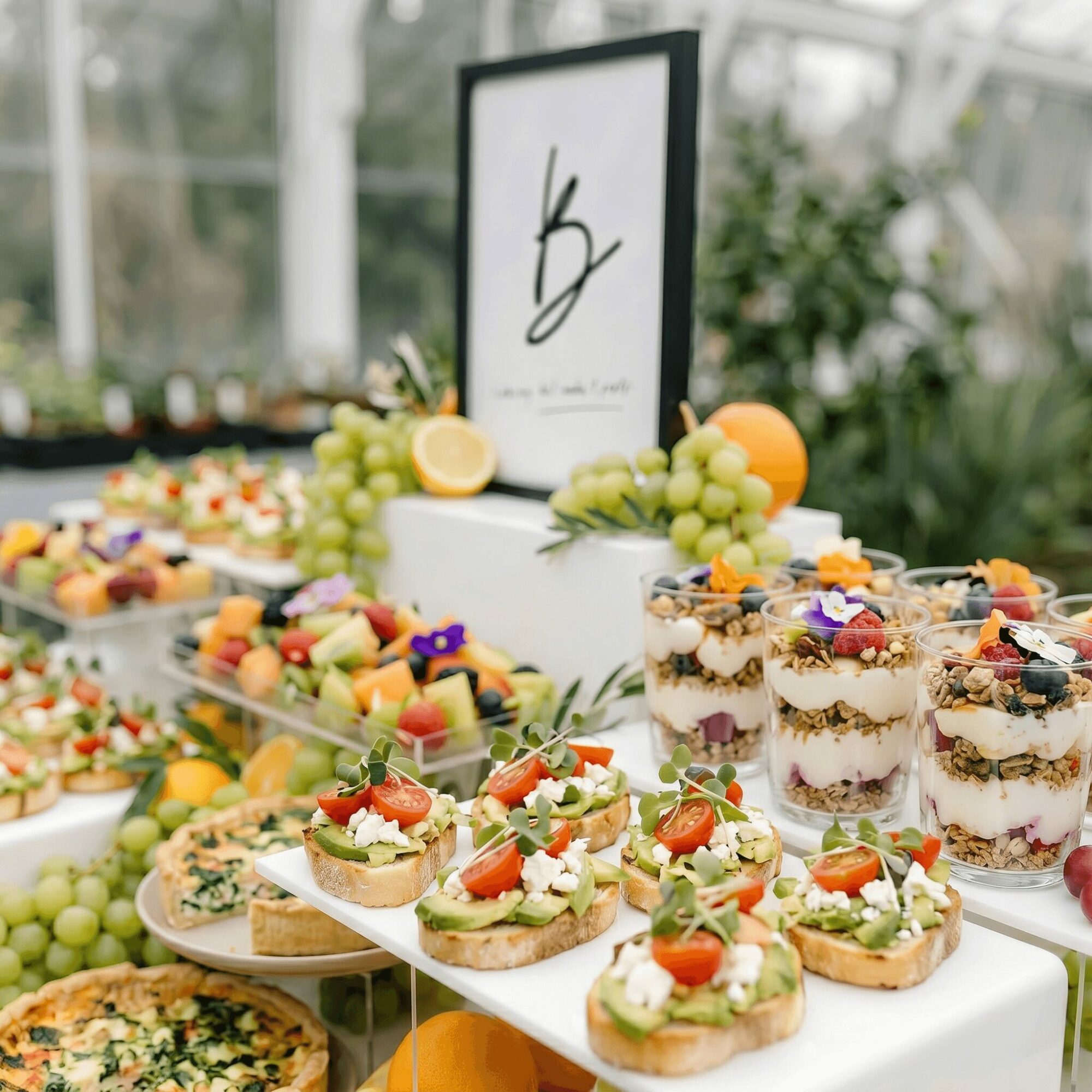 Display of assorted fruit and dessert appetizers on a table with a framed sign in the background, outdoors.
