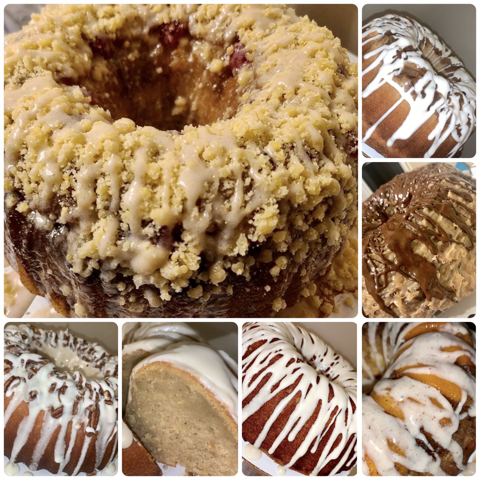 Collage of various baked goods including a crumb-topped cake, donuts with icing, and a sliced cake piece, all with toppings.