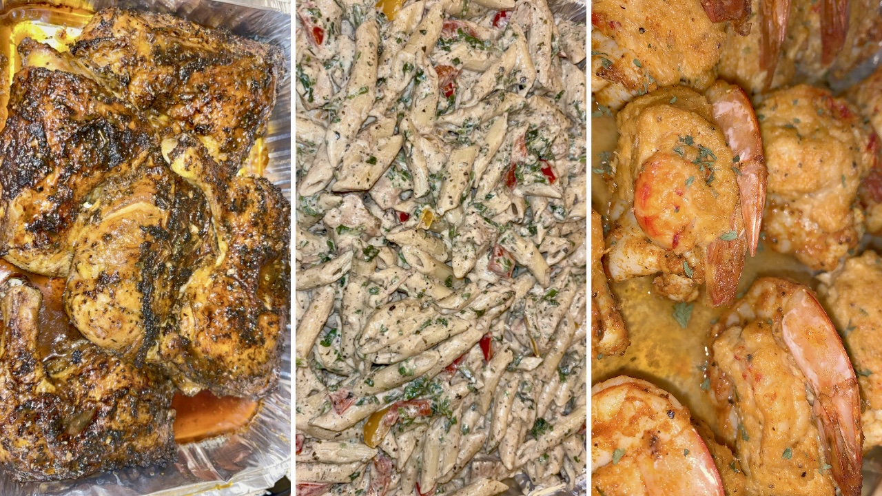 Three images of cooked food dishes: fried fish, pasta salad, and shrimp in sauce.