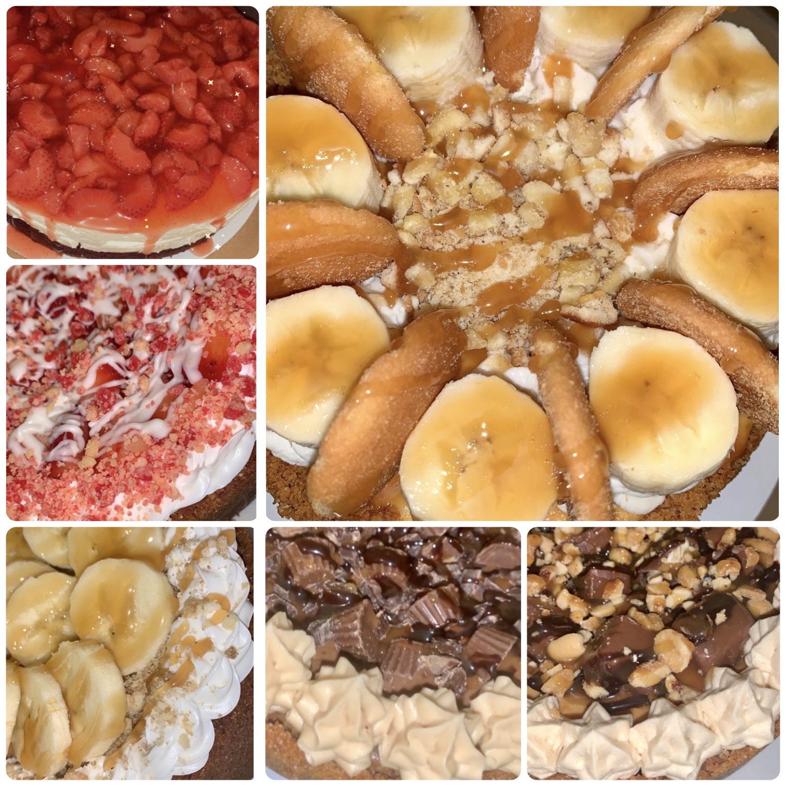 Six different fruit and dessert tarts with various toppings and fillings, arranged in a grid pattern.
