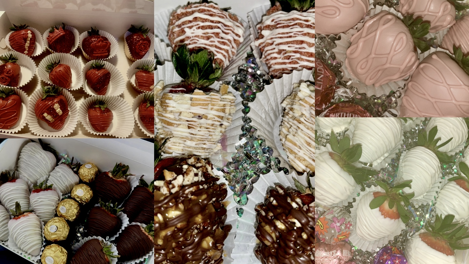 Assorted decorated strawberries and chocolates arranged on trays, with pink and white themed confections and floral decorations, festive and colorful.