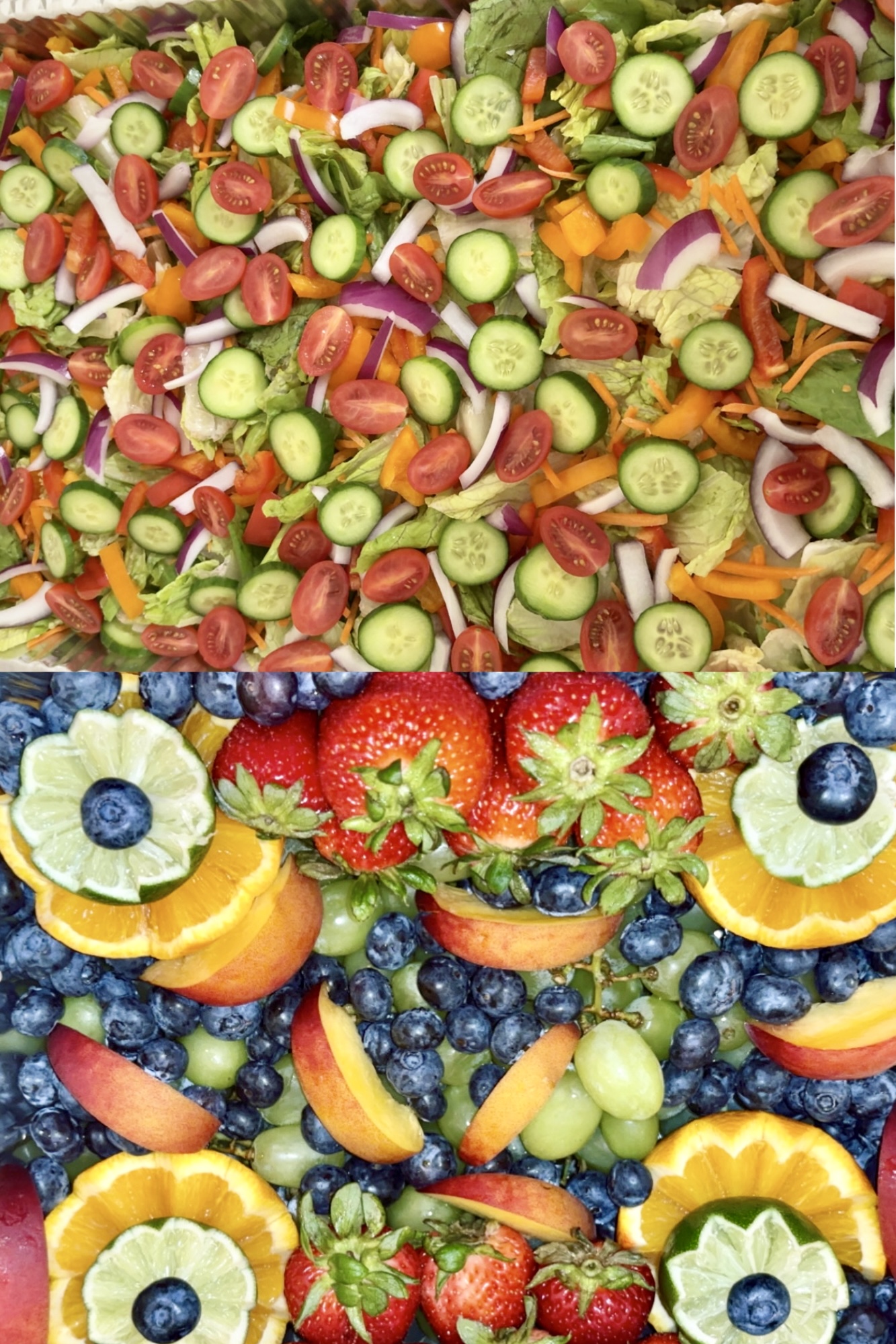 Colorful vegetable salad with cucumbers, tomatoes, and onions, and a fruit display with strawberries, blueberries, and orange slices.