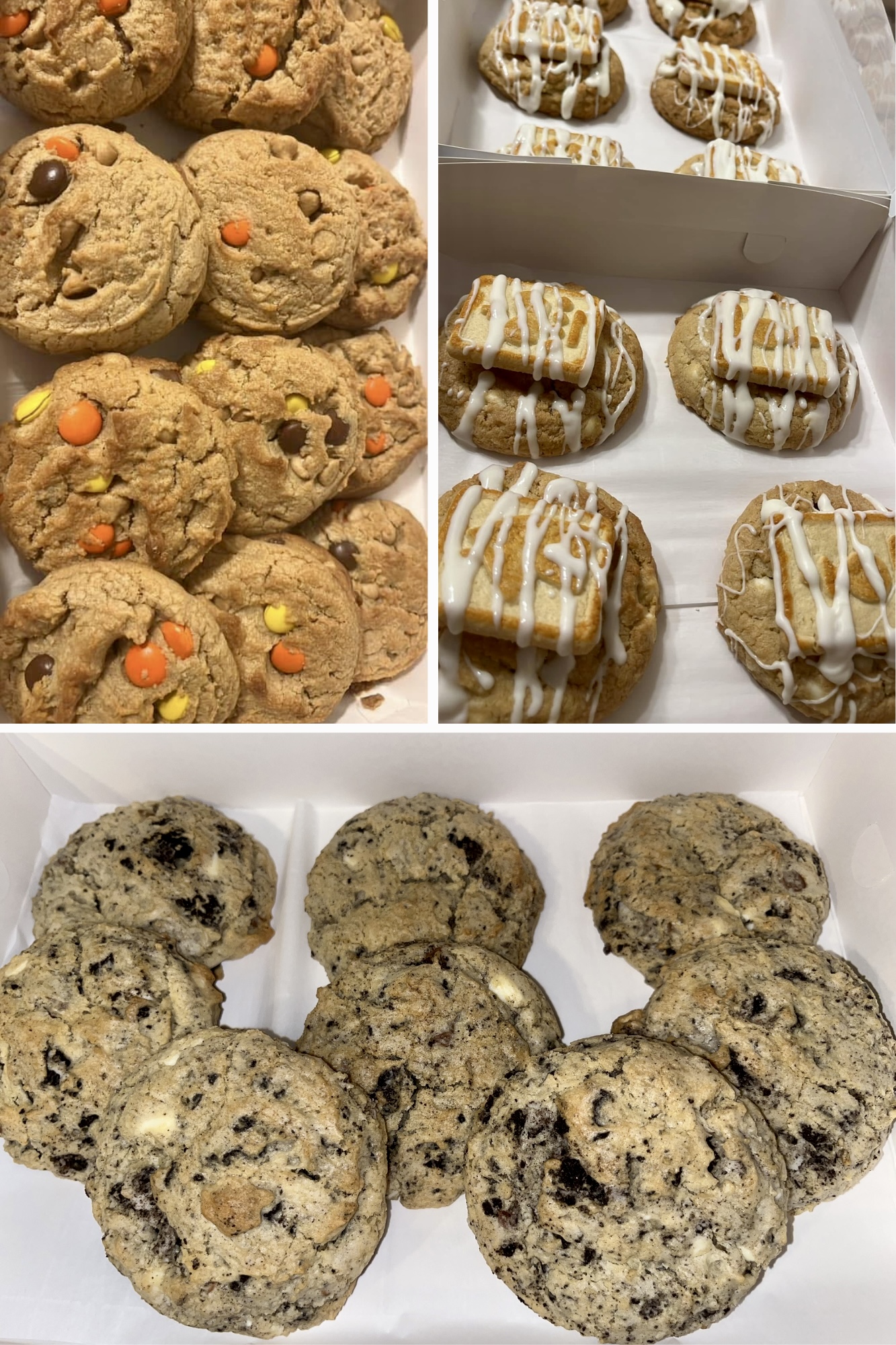 Three types of cookies: colorful candy cookies, drizzled cookies, and chocolate chip cookies, arranged in rows.